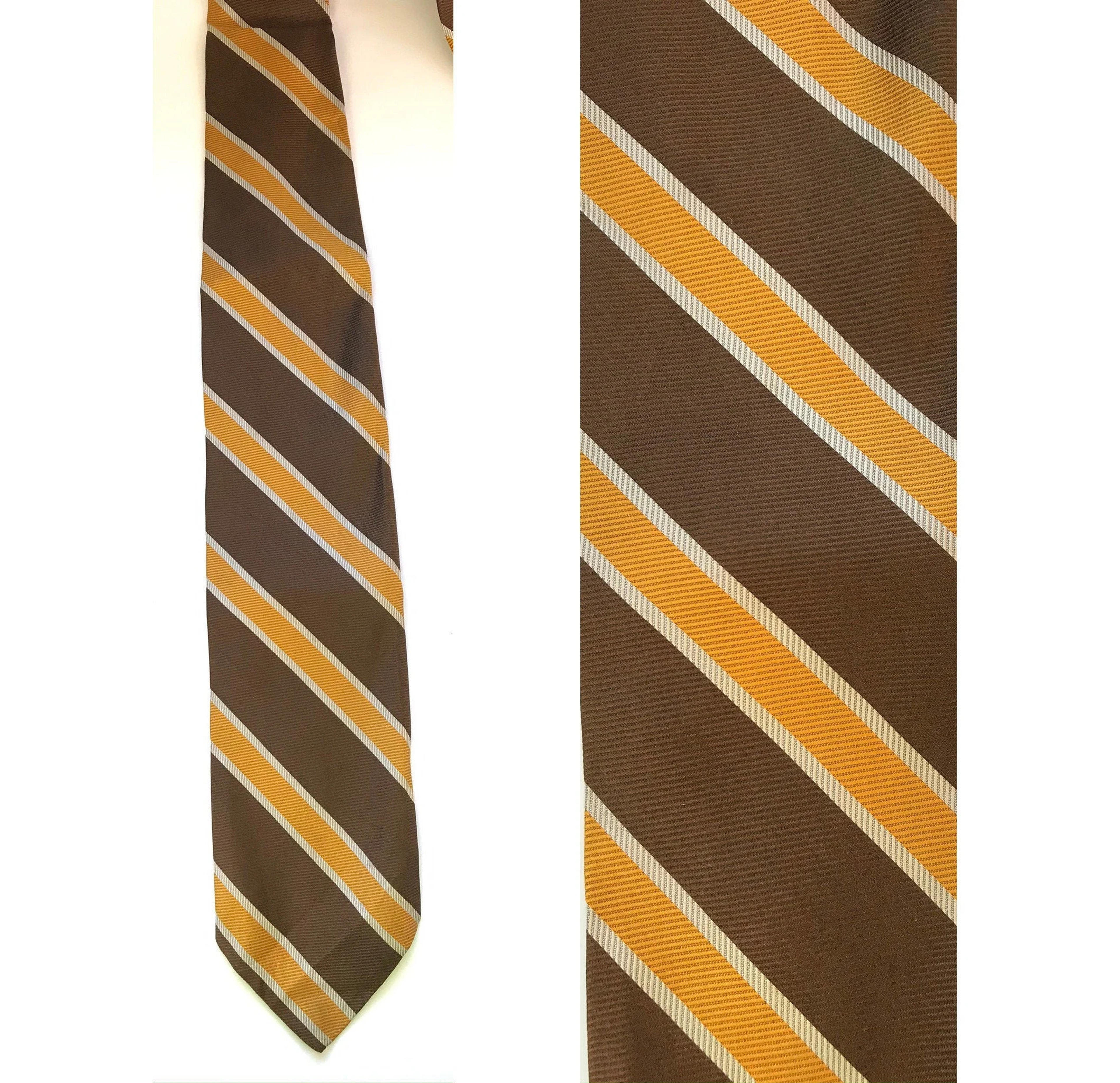 70s Brown Gold & Beige Striped Tie, Vintage Handmade Polyester Mens Necktie, Classic Brown Gold Diagonal Striped Tie, Formal Event Business