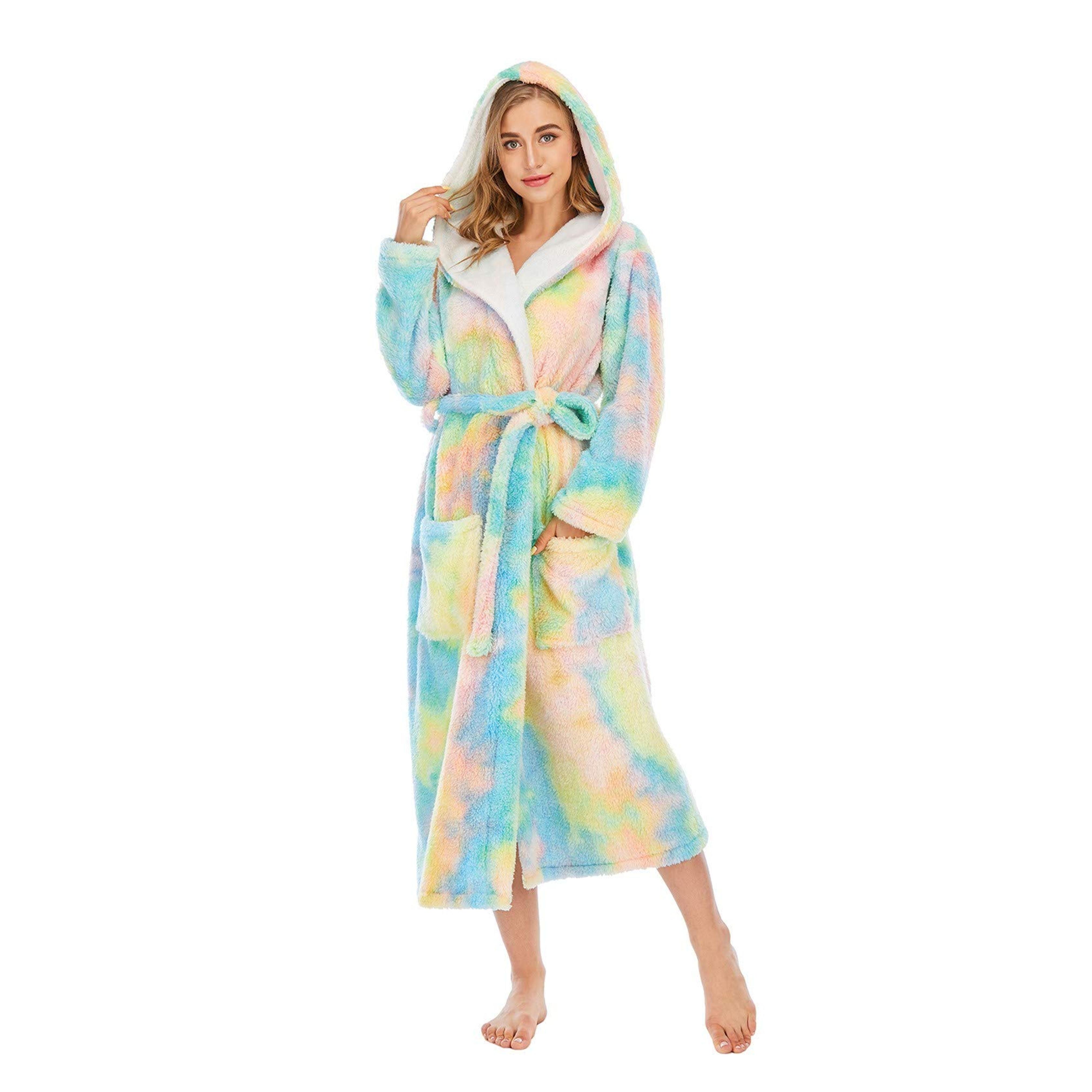 Fleece Home Thick Robe Pockets Coral Double Tie-Dye Loose Hooded Colorful Women Women's Sleep Shirt Button down at Amazon Women’s Clothing store