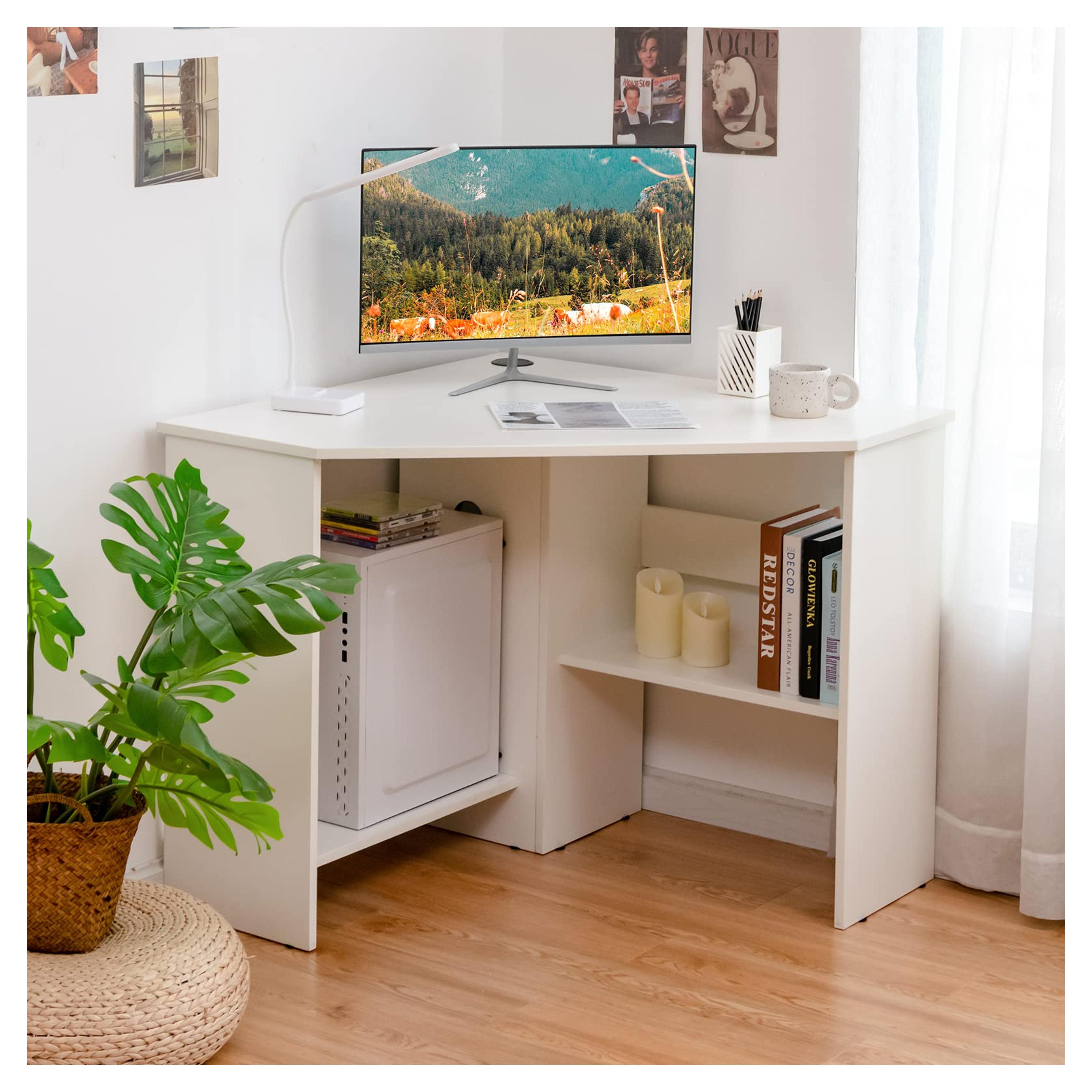 Tangkula White Corner Desk - 90 Degrees Triangle for Computer, Small Space, Bedroom, Makeup Vanity Desk with Storage Shelves & CPU Stand, Space Saving Writing Desk