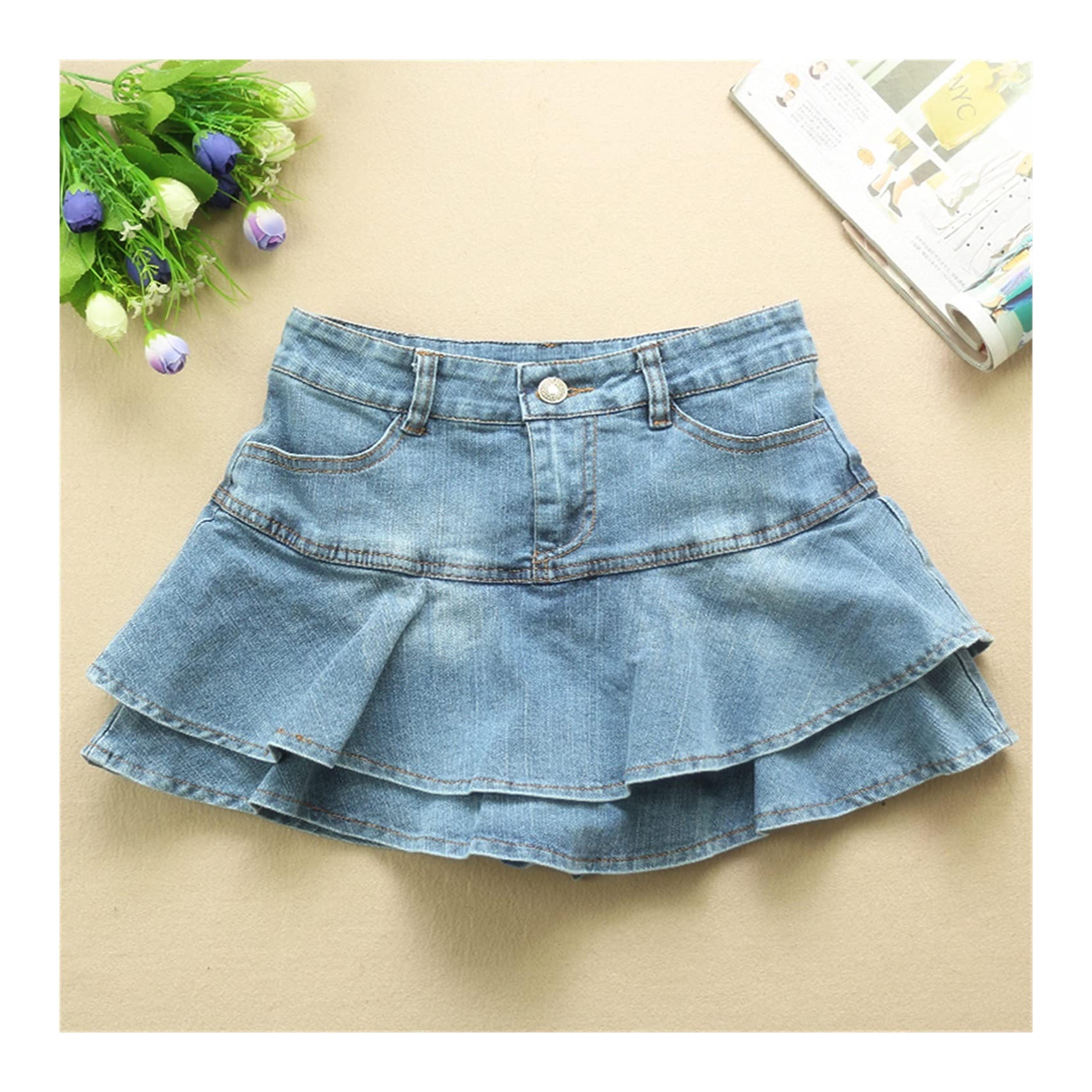 LSXLSD Summer Low Waist A Line Denim Skirt Women Sexy Pleated Mini Jeans Skirts Korean Style Casual (Color : Baby Blue, Size : XX-Large)