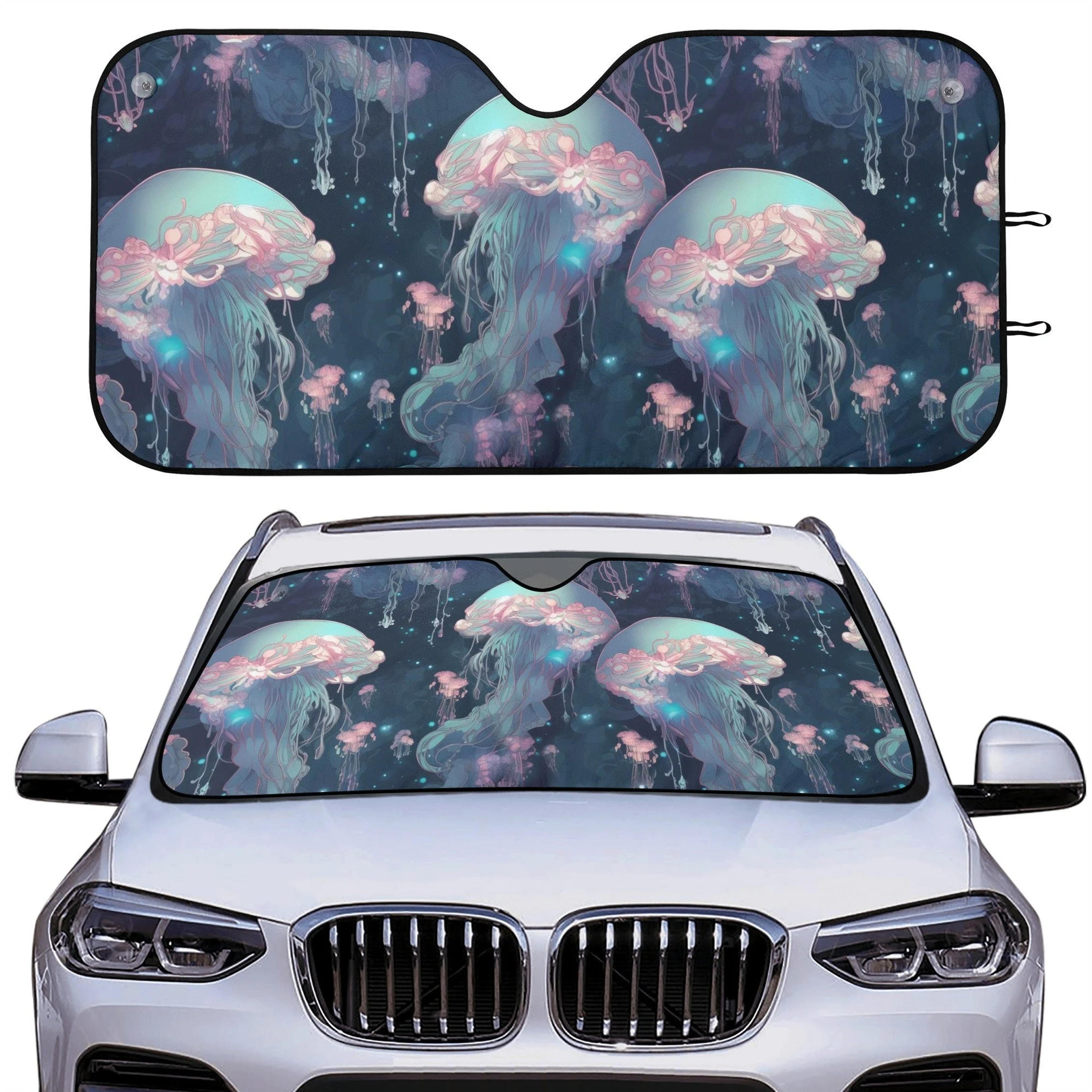 Cute Rainbow Jellyfish Car Sunshade for Windshield Whimsical