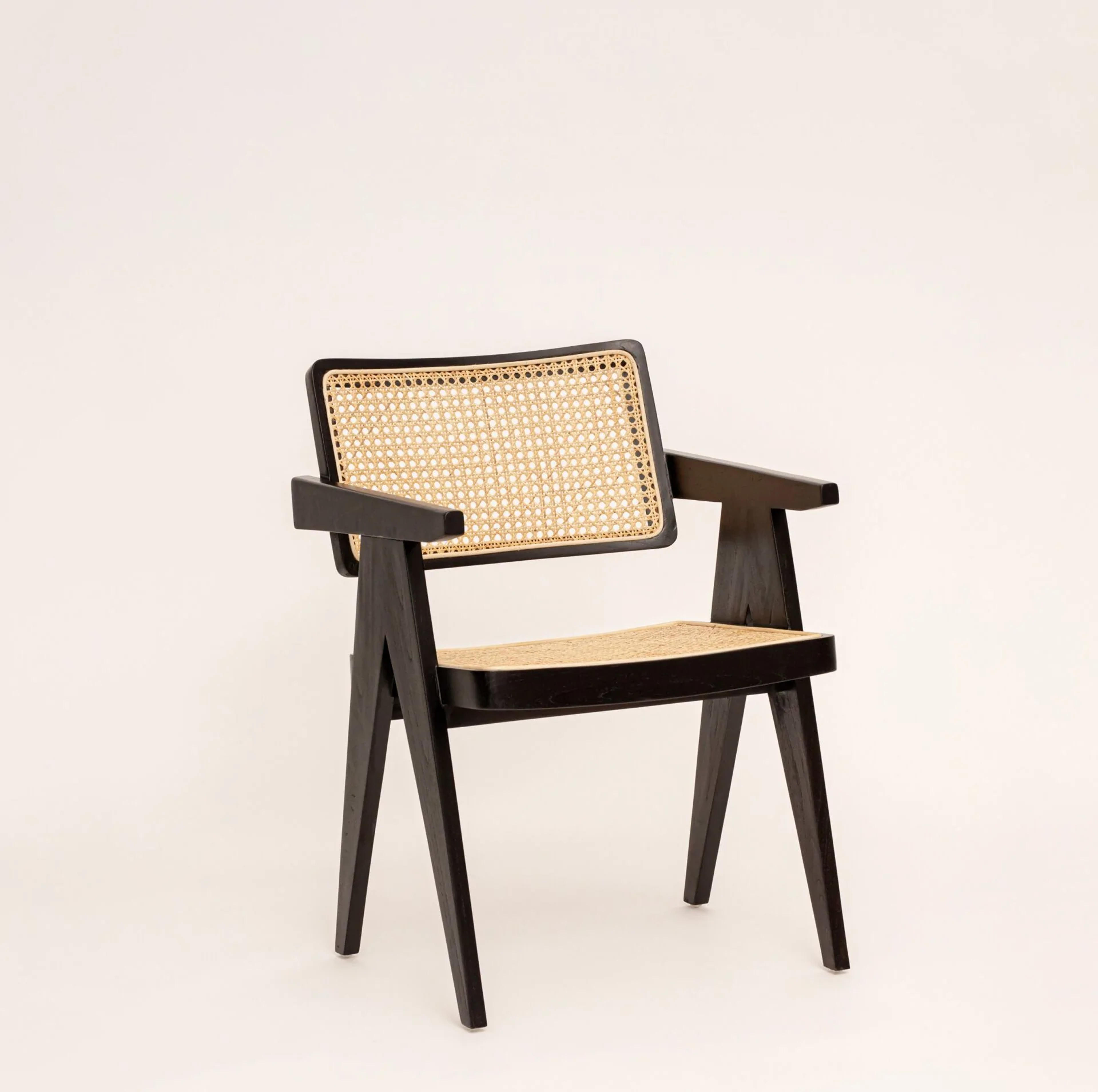 Cane Rattan Dining Chair with Arms - Black