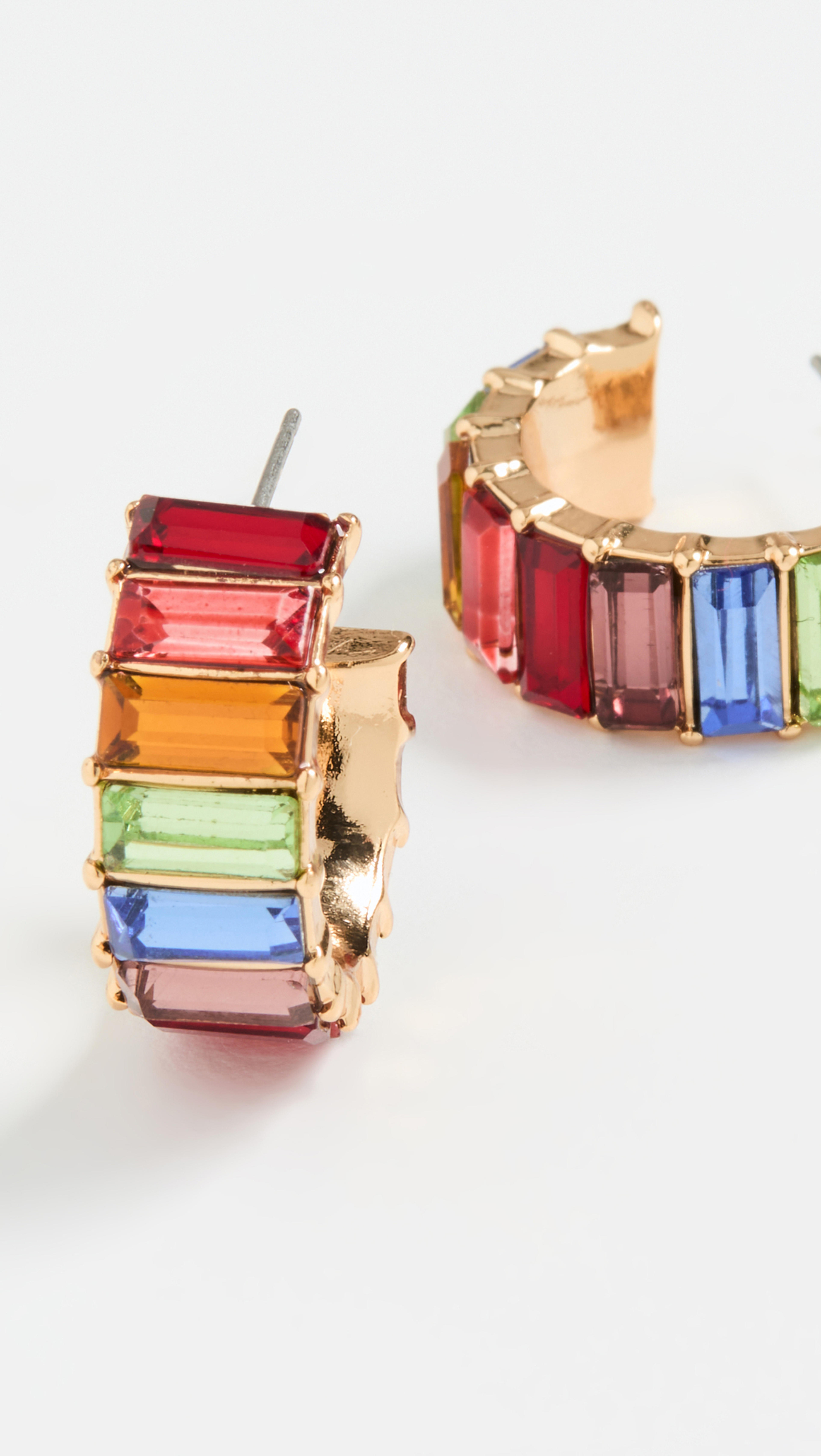 Gold Hoop Earrings with Rainbow Baguette