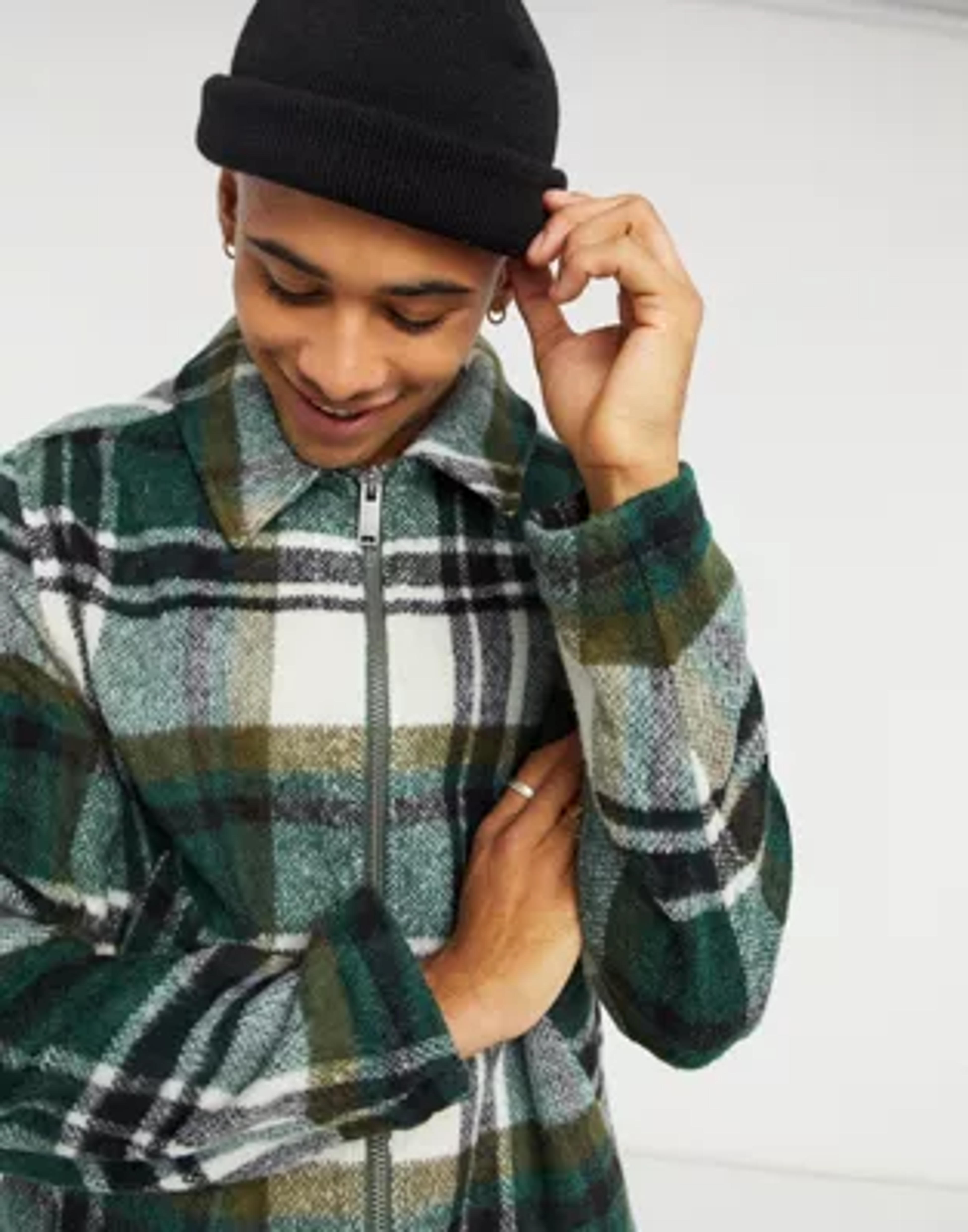 ASOS DESIGN wool mix harrington jacket in green and ecru check | ASOS