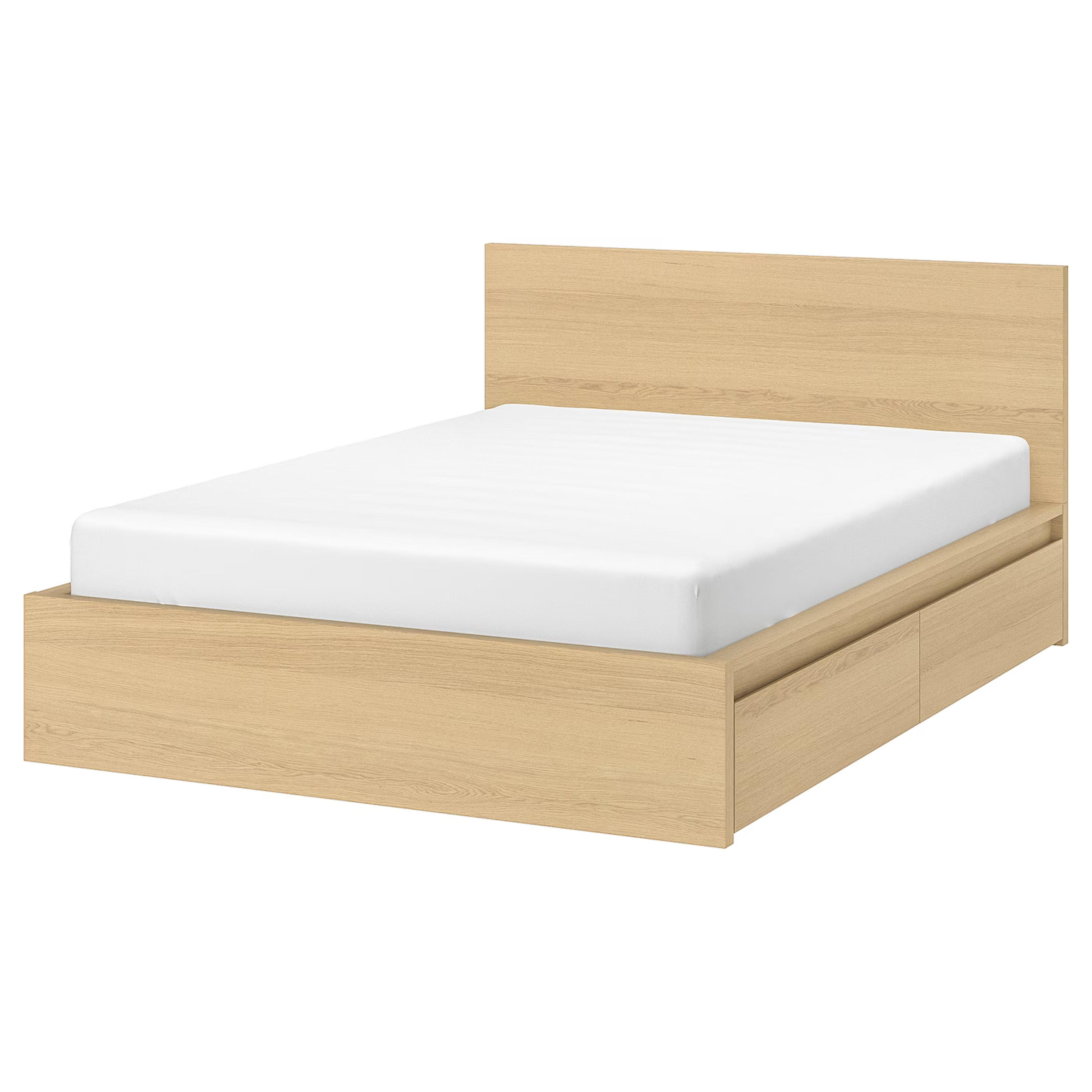 MALM High bed frame/2 storage boxes - white stained oak veneer/Luröy Queen