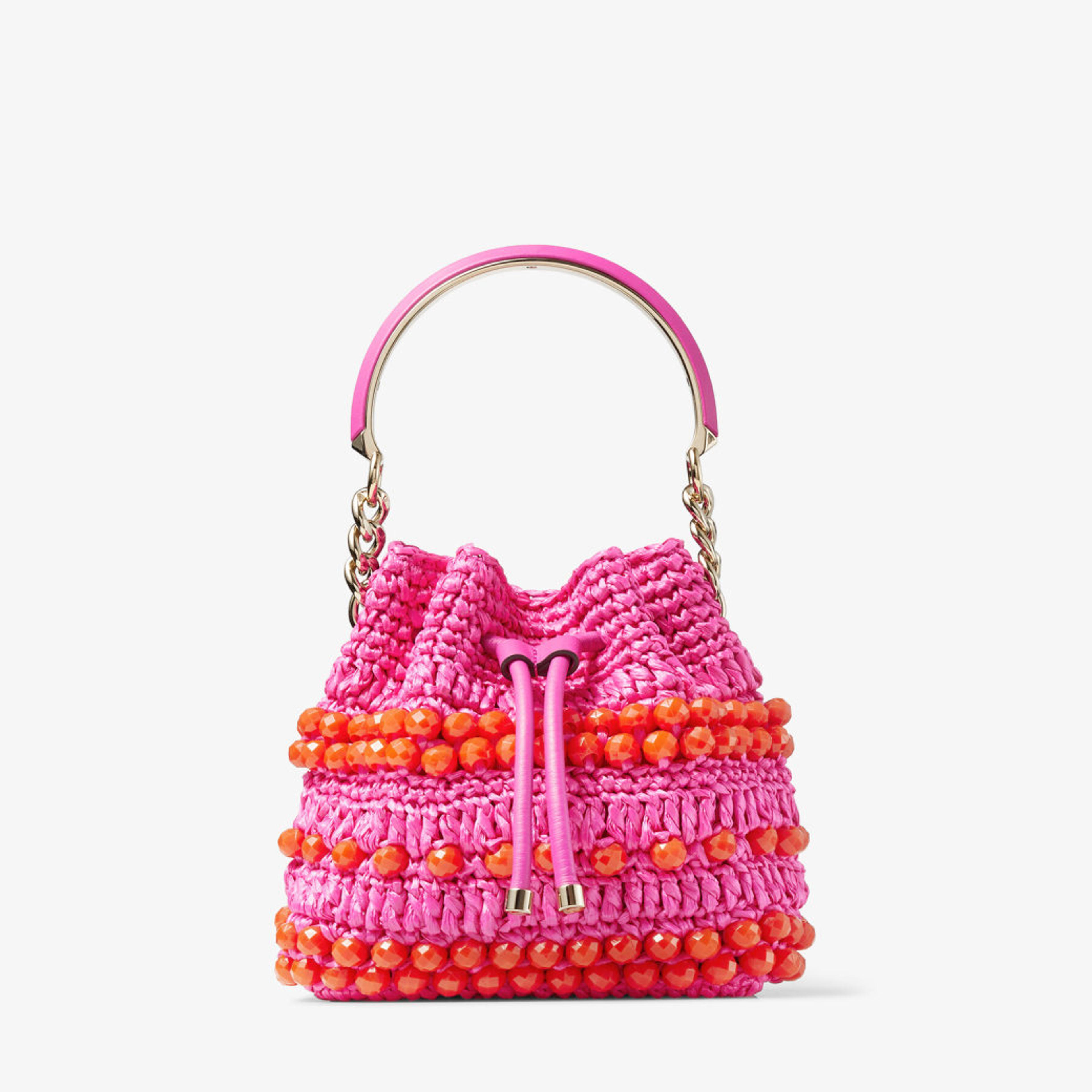 BON BON BUCKET/S | Fuchsia Beaded Raffia and Smooth Leather Tote Bag | JIMMY CHOO