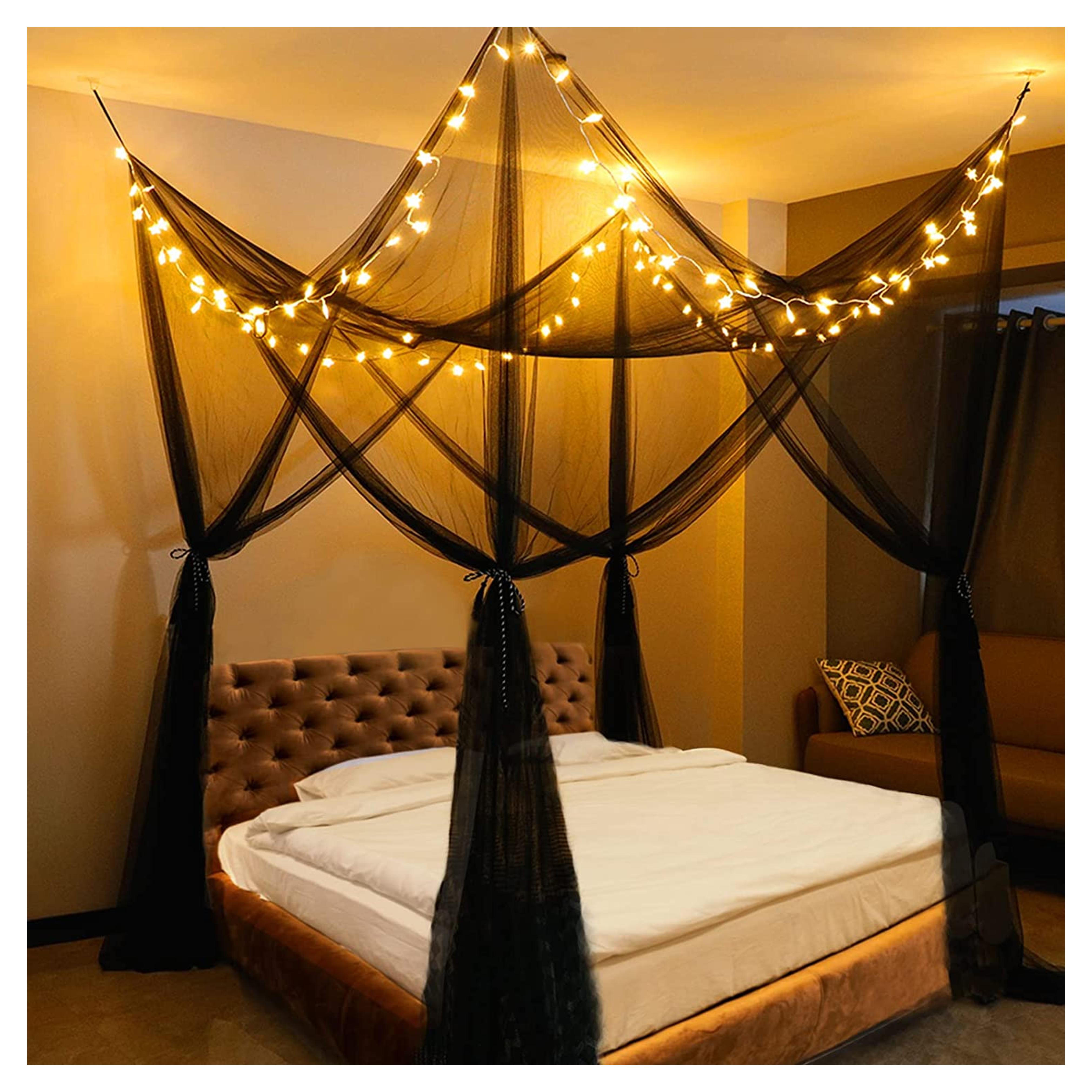 Black Bed Canopy Bed Curtains with Lights, Elegant 4 Post Square Bed Canopies Drapes with 100 LED Warm White Star Lights, Gothic Bedroom Decoration for Girls Adult King Queen Bed Decor