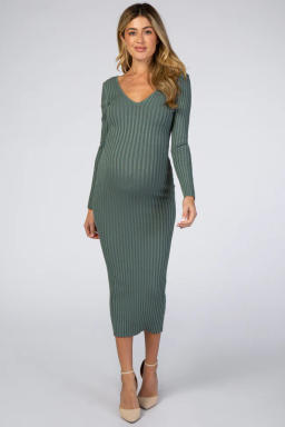 Olive V-Neck Long Sleeve Fitted Maternity Maxi Dress – PinkBlush