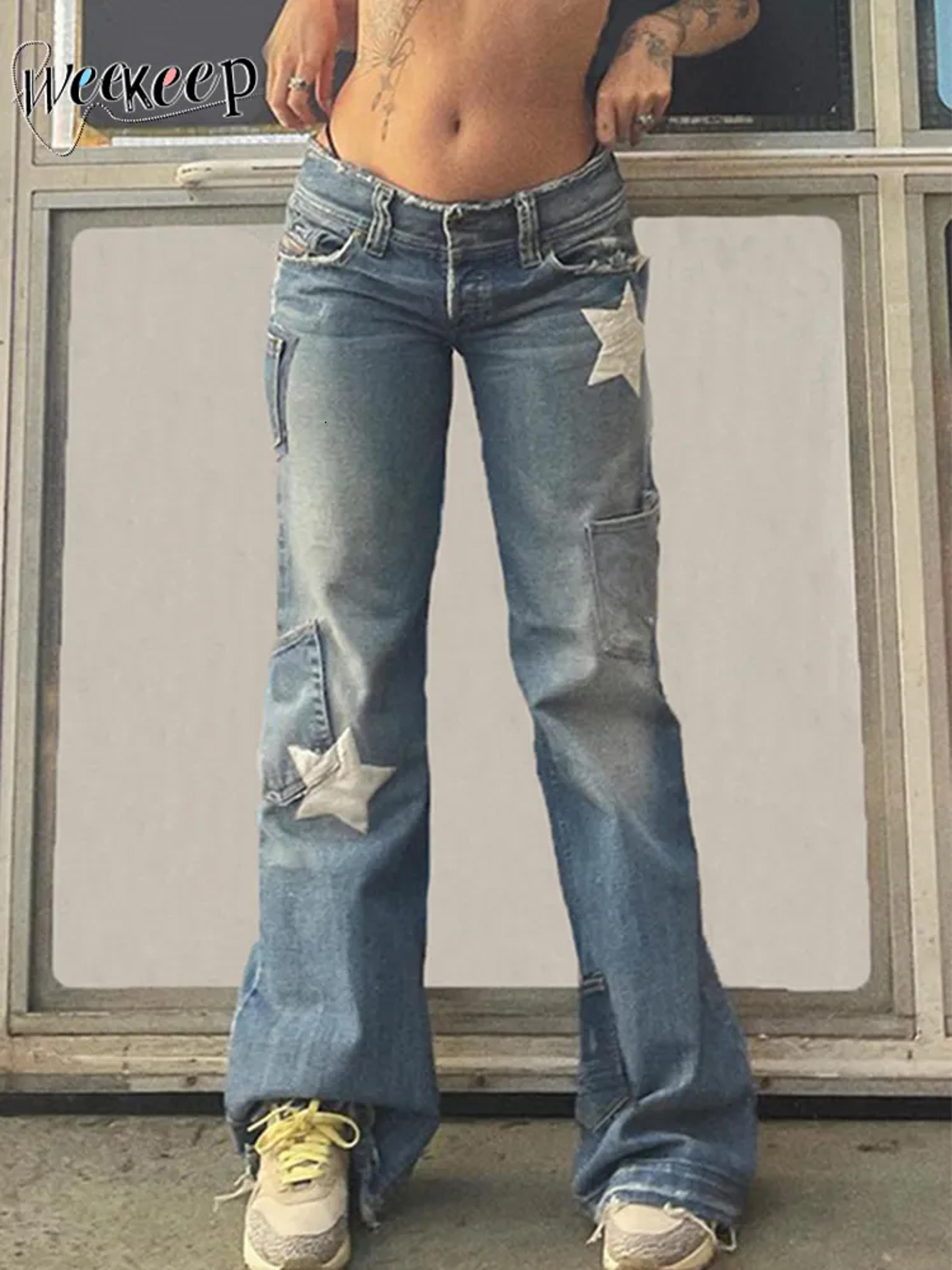 Women s Two Piece Pants Weekeep Vintage Star Jeans Pocket Stitching Straight Denim Women y2k Streetwear Casual Trousers Harajuku Low Rise s 230522