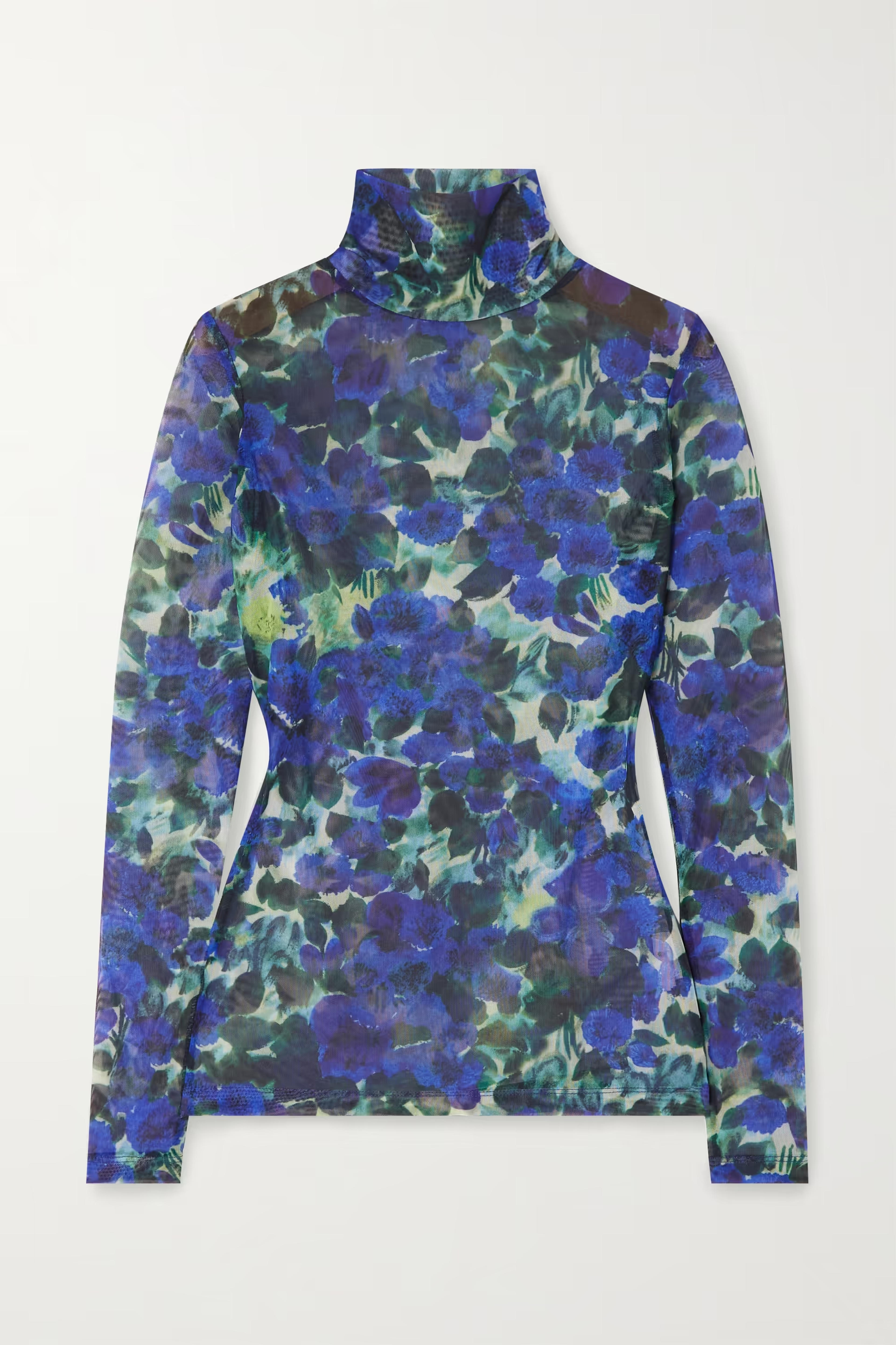 Blue Floral-print stretch-mesh turtleneck top | DRIES VAN NOTEN | NET-A-PORTER