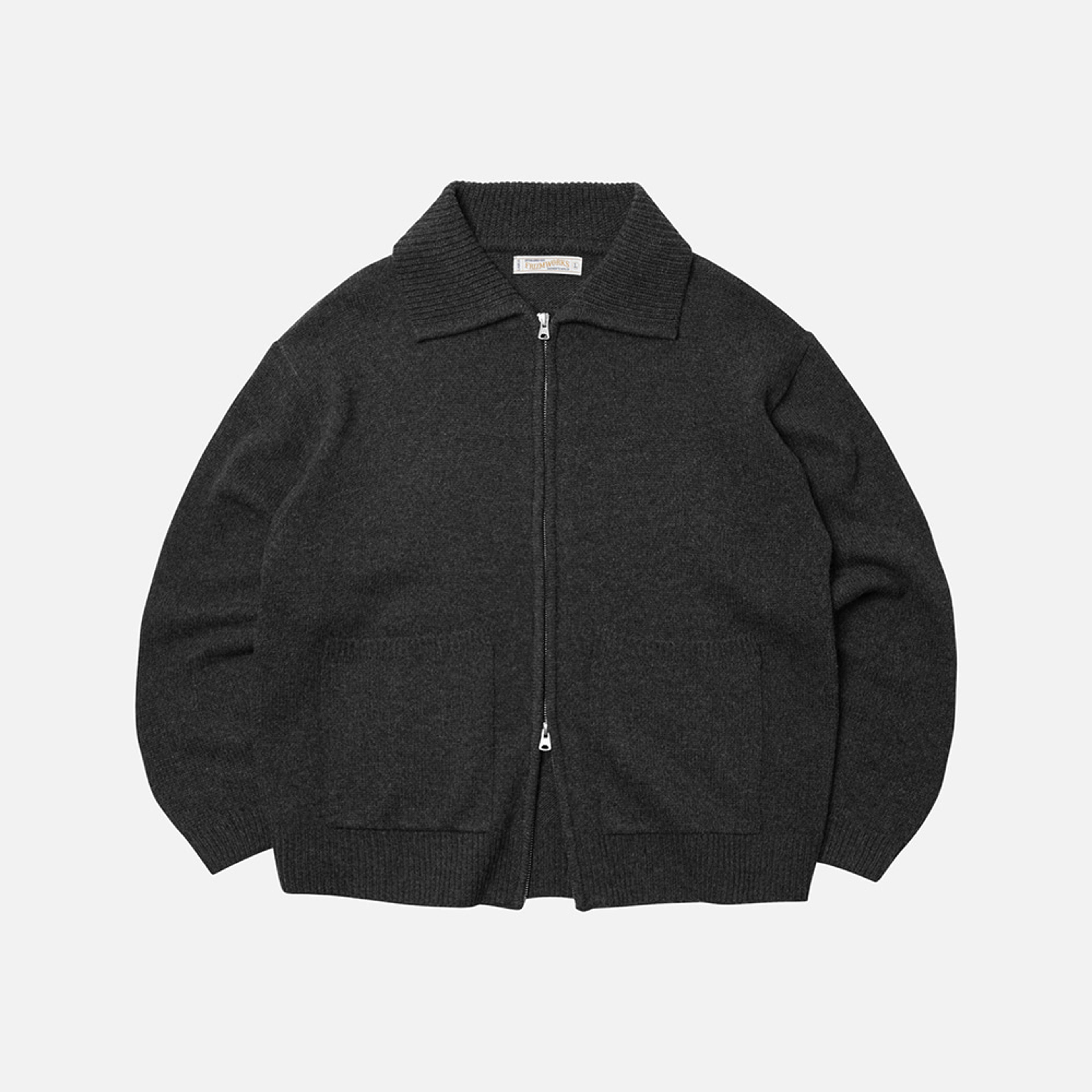 Wool collar zip up knit cardigan _ charcoal - FrizmWORKS