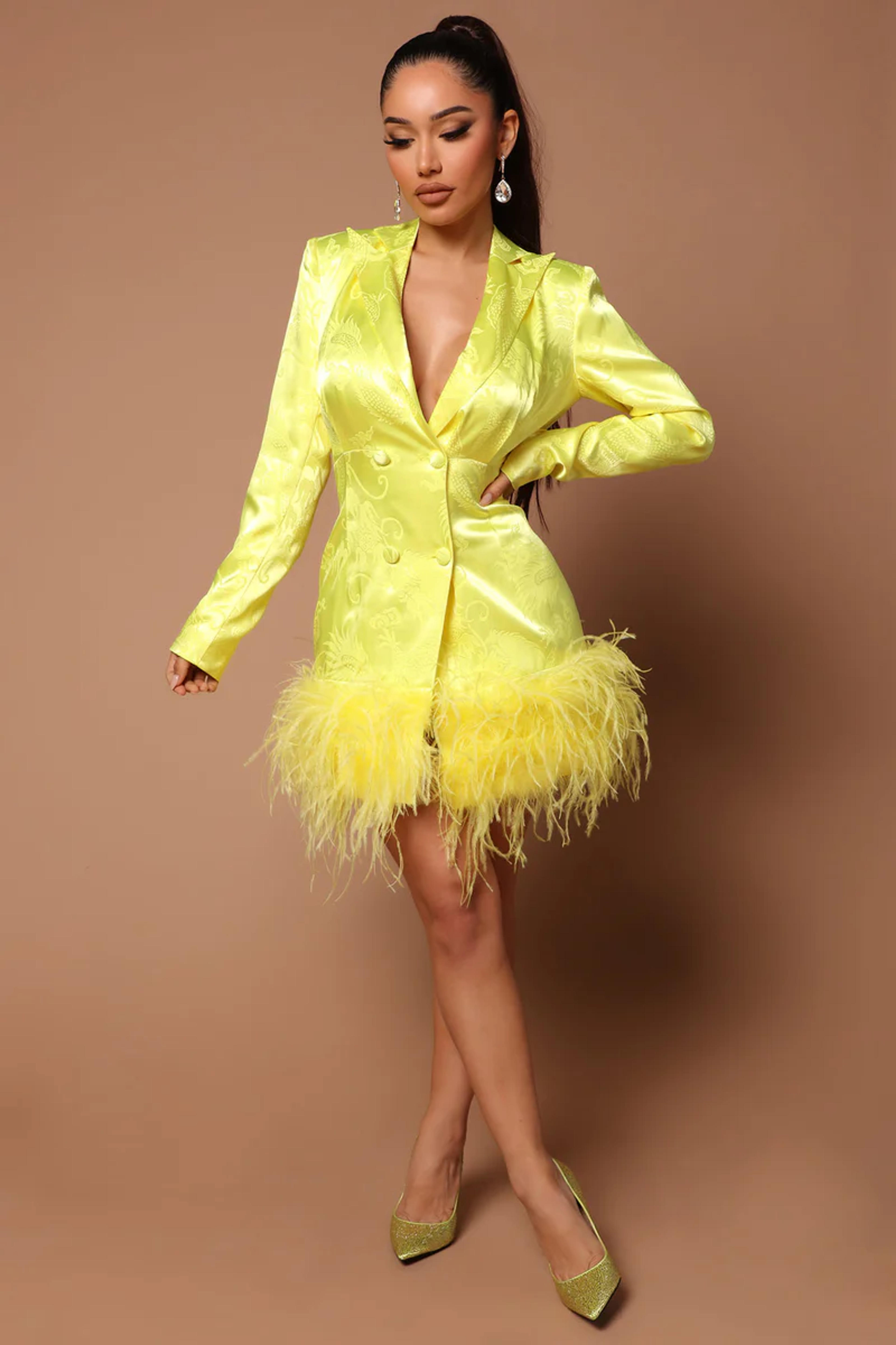 Brianna Feathered Blazer Dress - Neon Yellow | Fashion Nova, Luxe | Fashion Nova