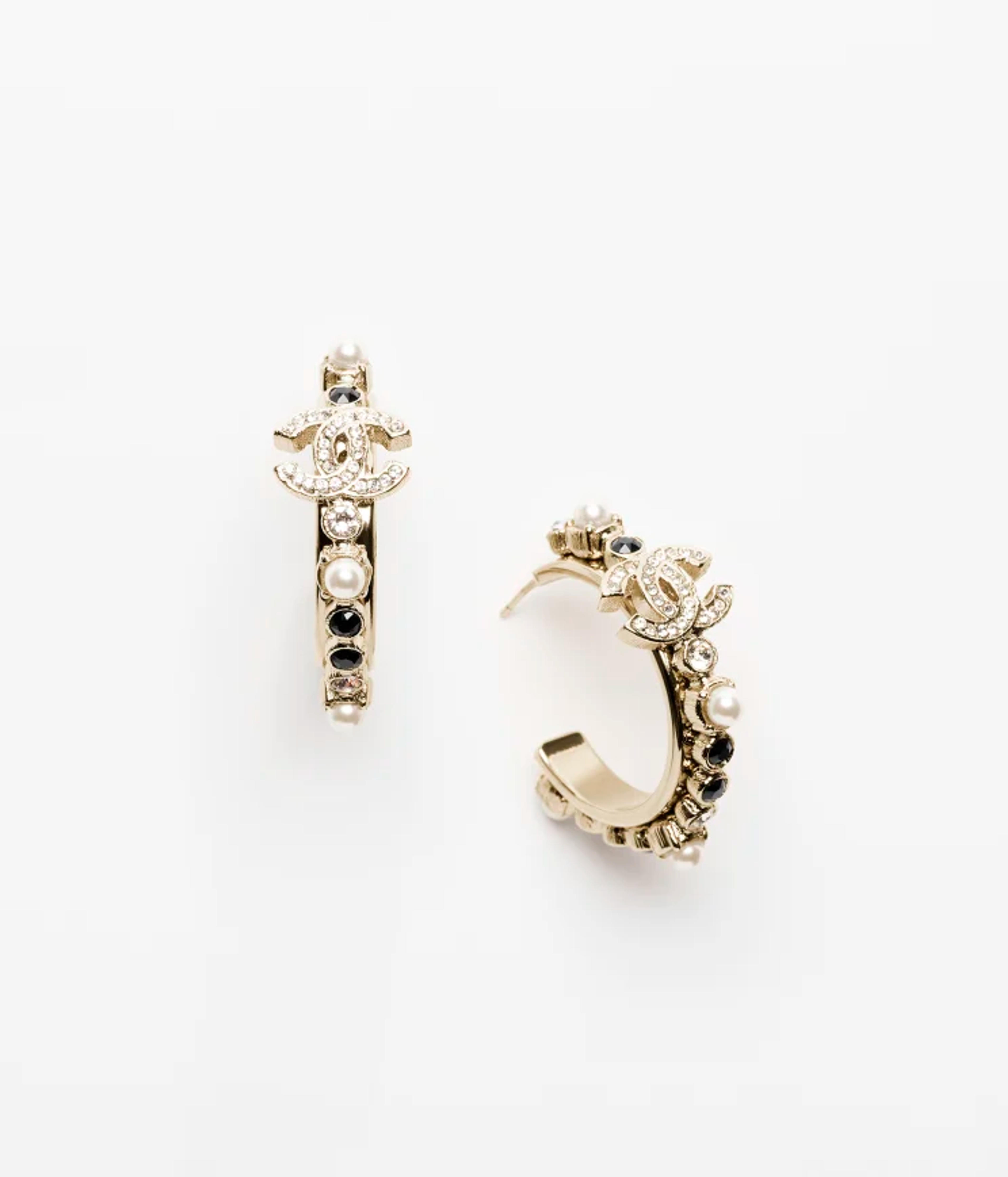 Hoop earrings - Metal, calfskin & strass, gold, black & crystal — Fashion | CHANEL