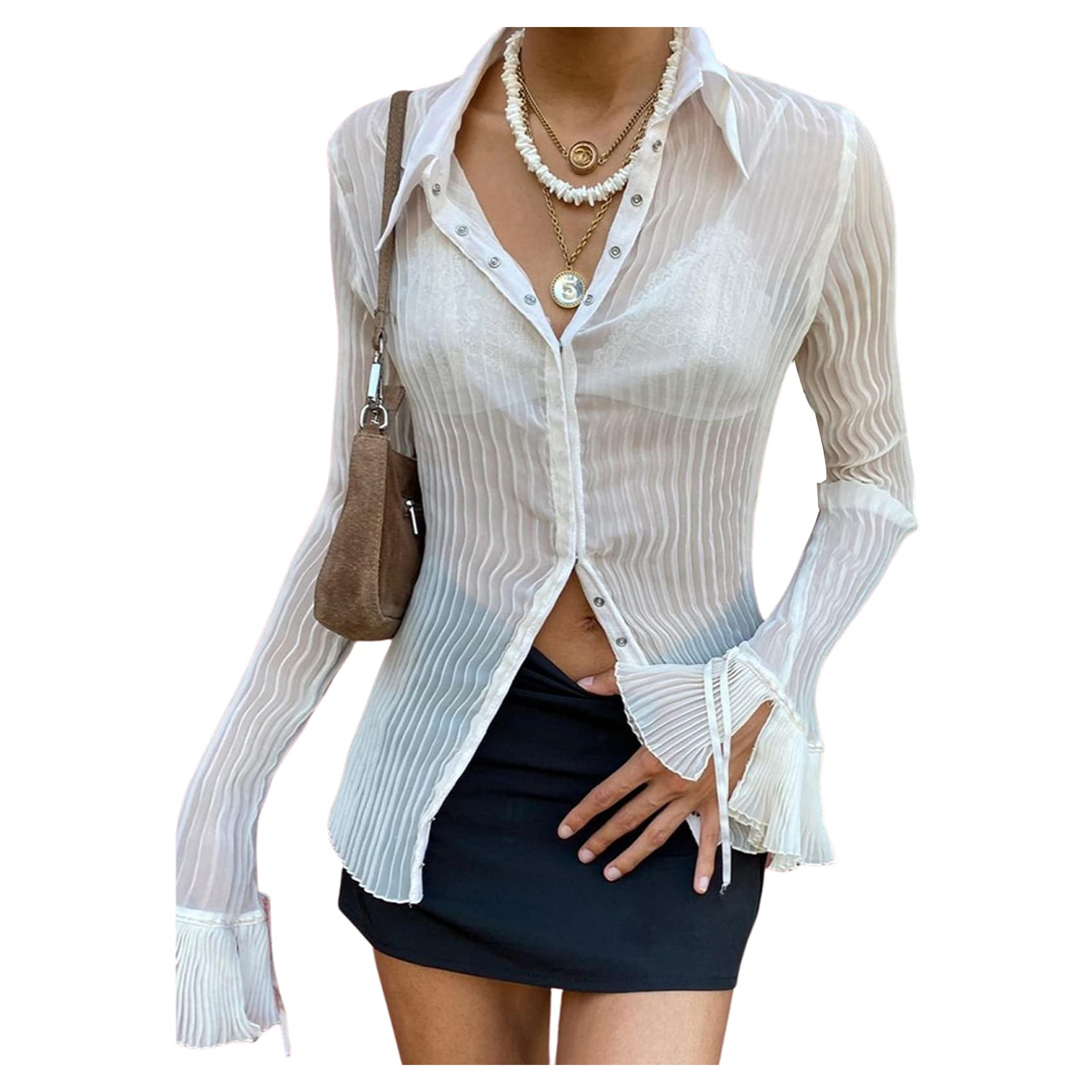 Women Sheer Button Up Blouse Sexy Collared Shirts Mesh Flare Sleeve Crop Top Y2k Vintage Streetwear