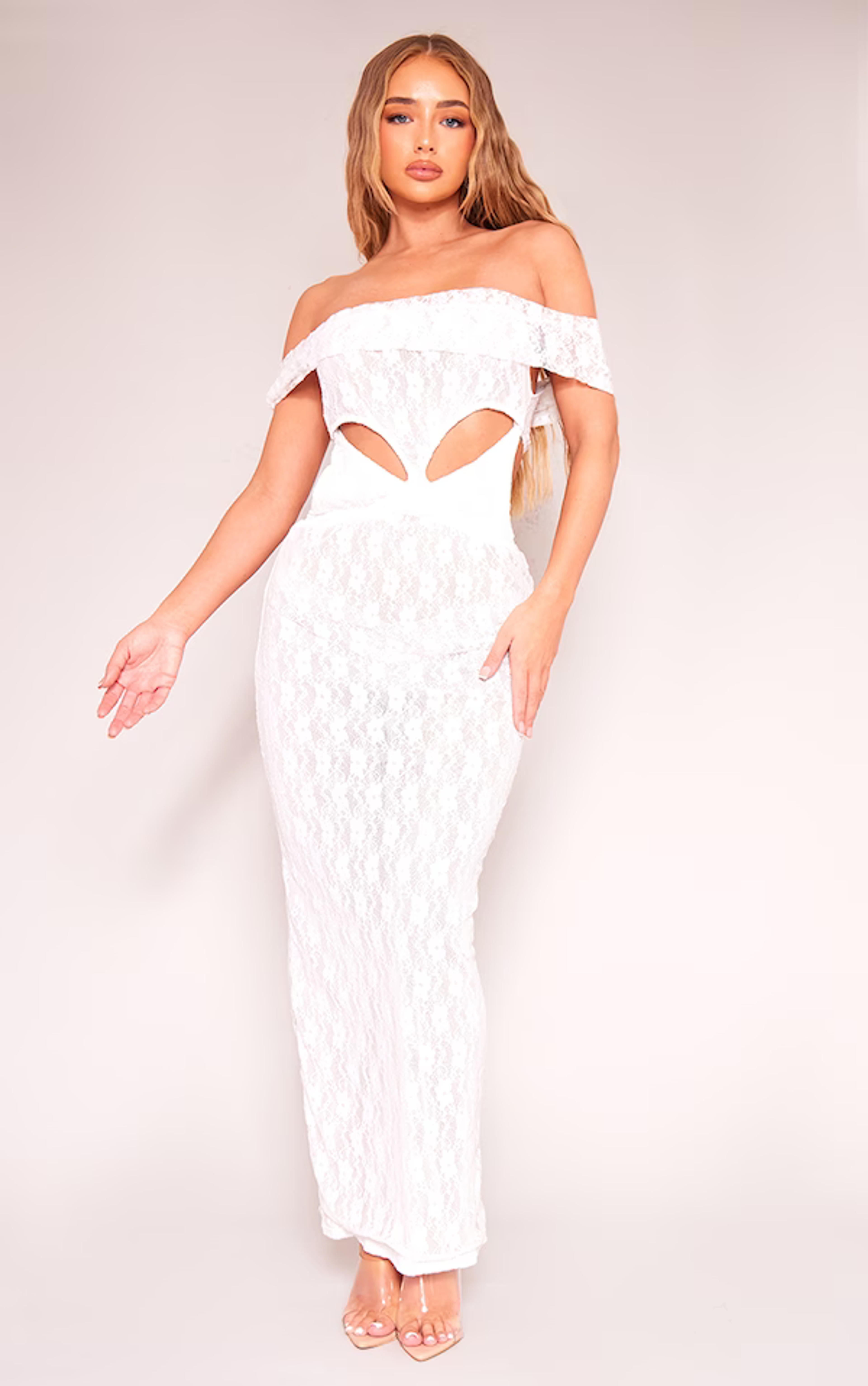 White Lace Bardot Cut Out Maxi Dress | PrettyLittleThing USA