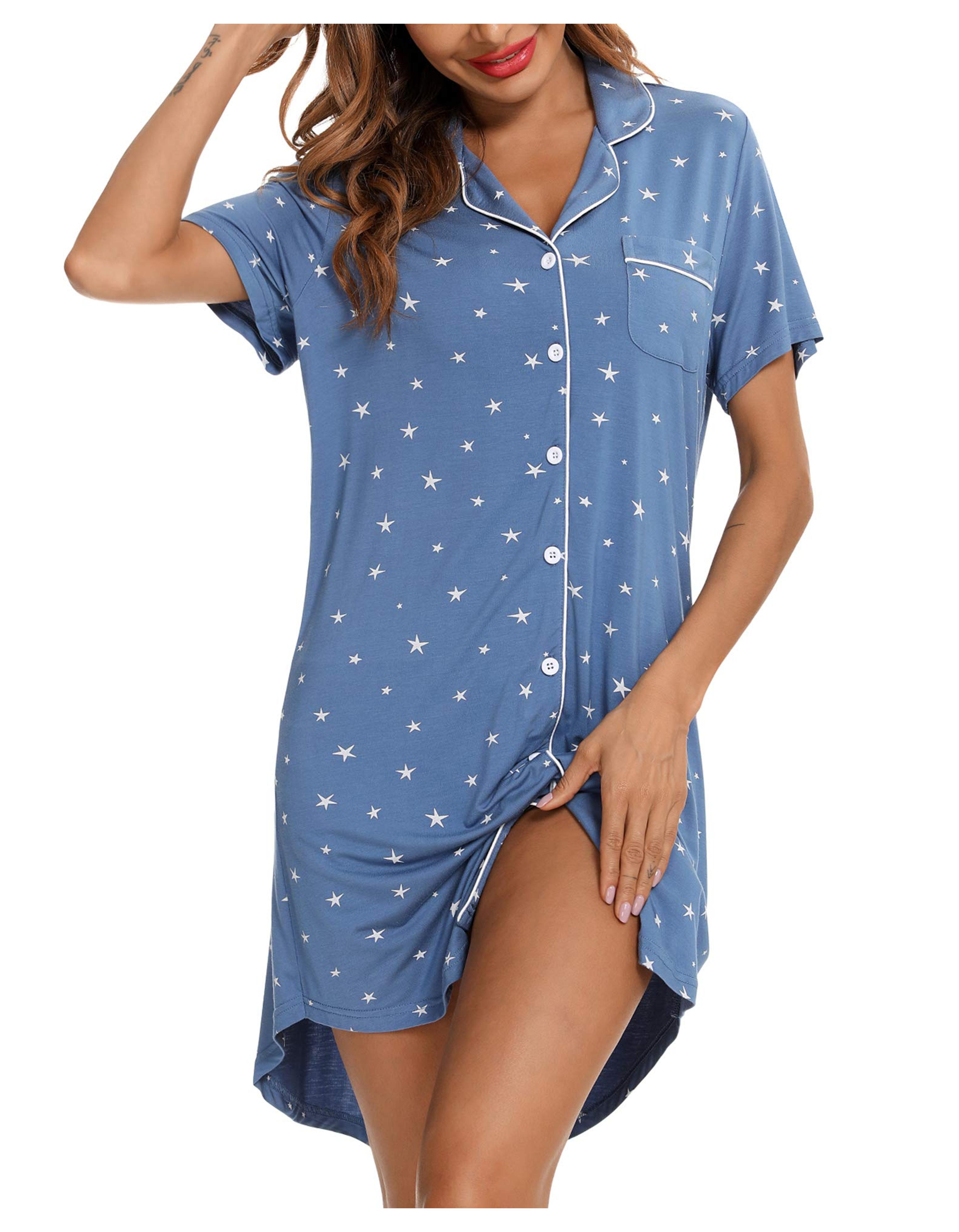 Samring Loungewear Nightgown Women's Ultra-Soft Nightshirt Button Down Sleepwear Sleepshirt Lake Blue with Star,Medium