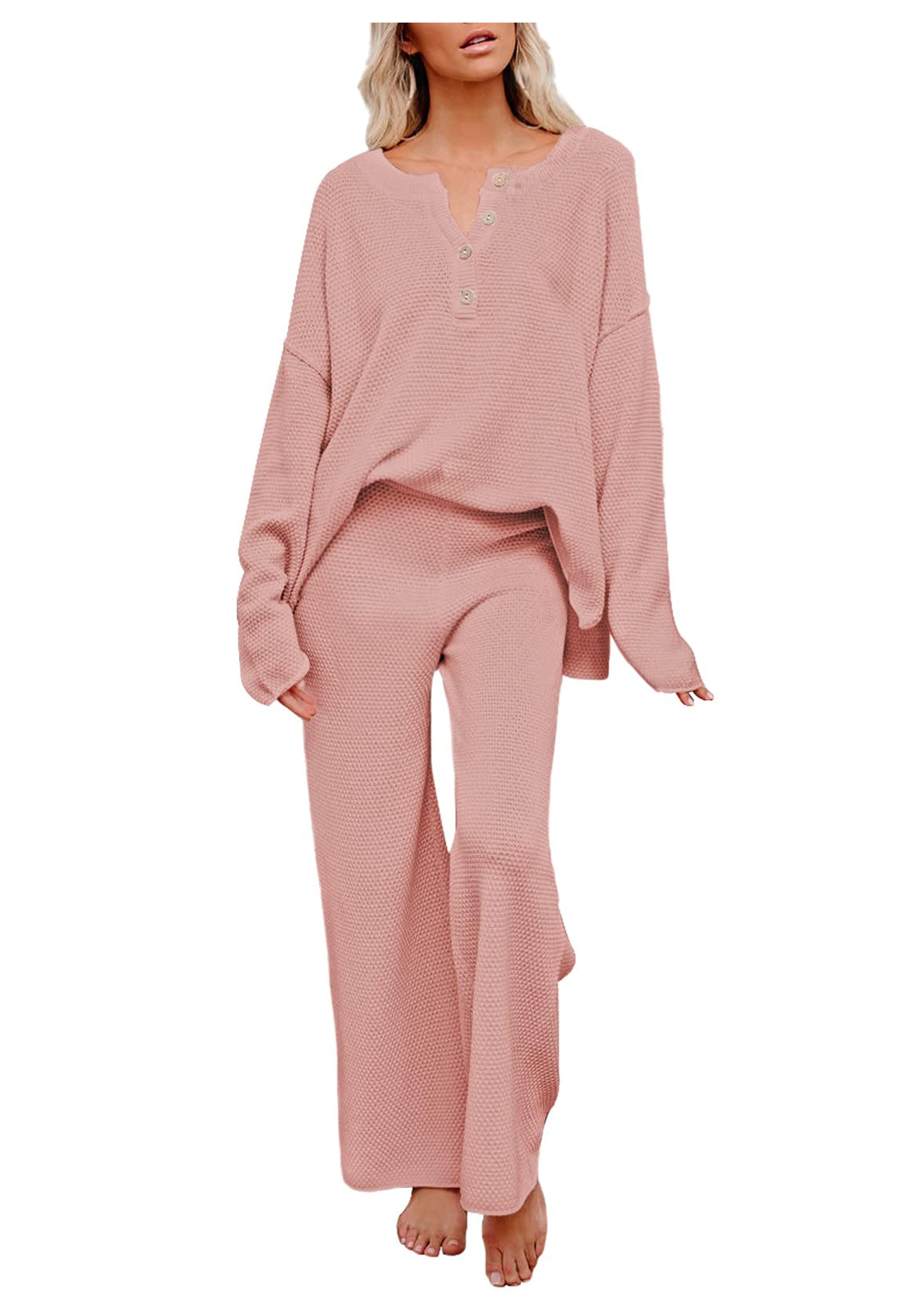 Pink Queen Women's 2 Piece Outfit Set Long Sleeve Button Knit Pullover Sweater Top and Wide Leg Pants Sweatsuit