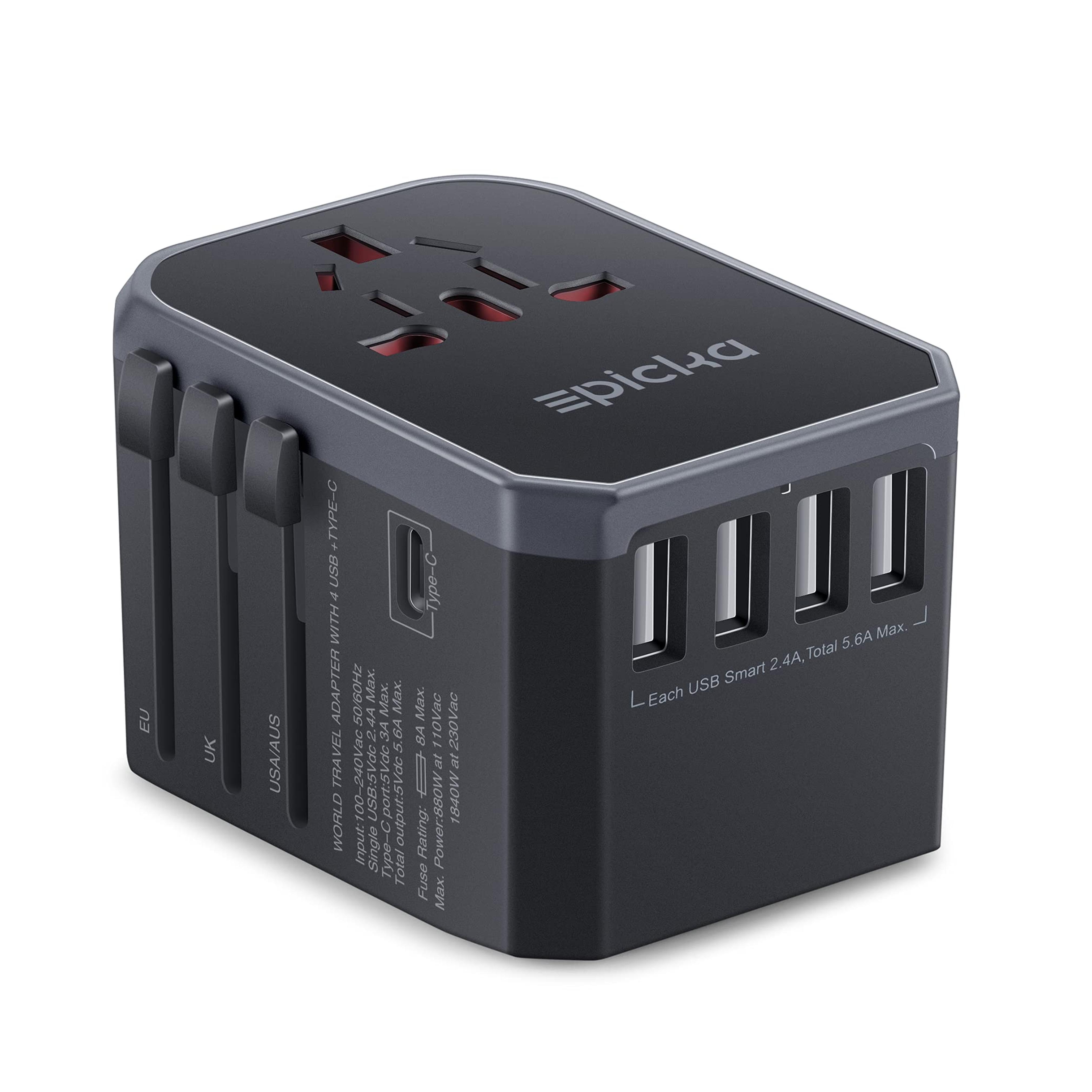 EPICKA Universal Travel Adapter One International Wall Charger AC Plug Adaptor with 5.6A Smart Power and 3.0A USB Type-C for USA EU UK AUS ( Grey ) - - Amazon.com