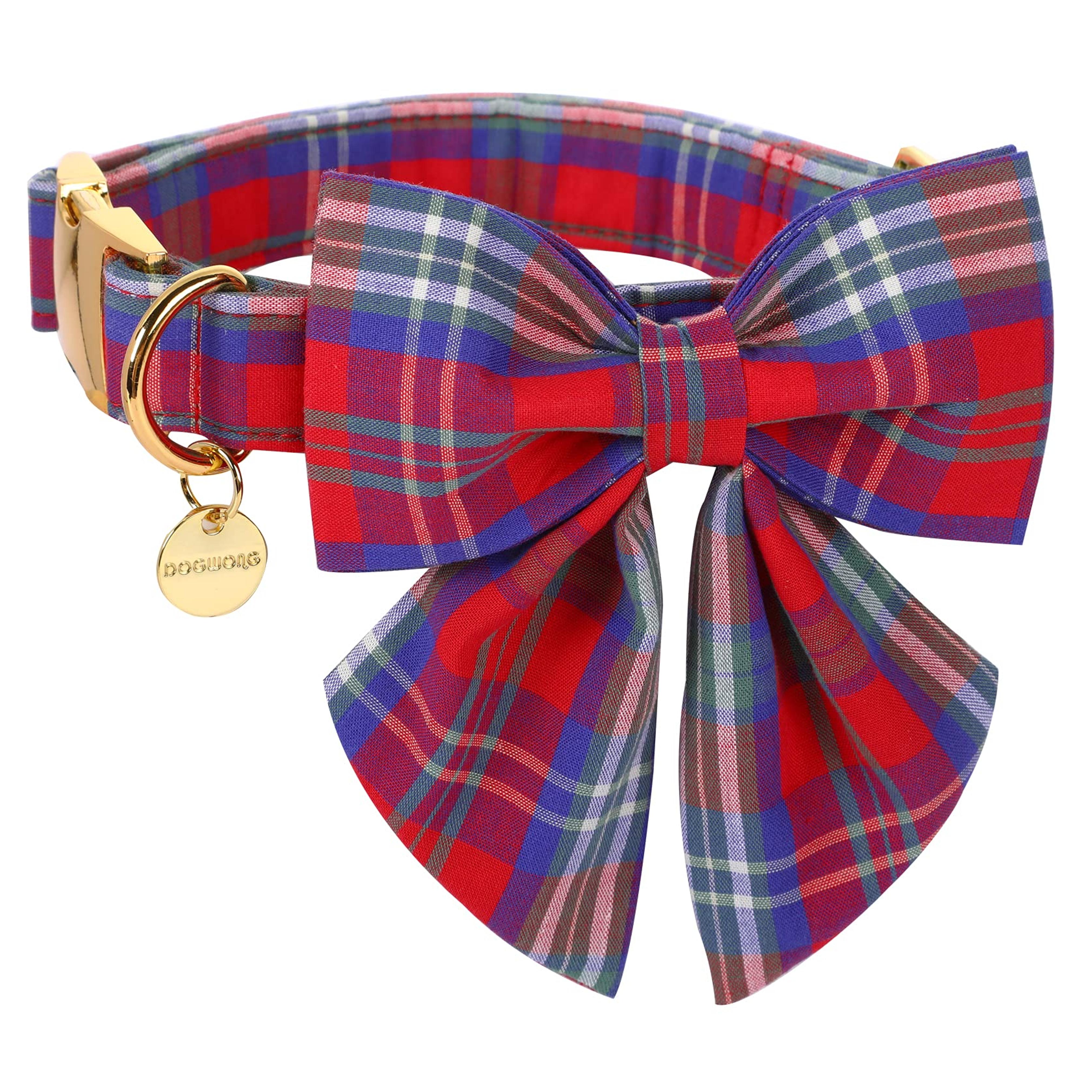 DOGWONG Cotton Dog Collar with Bowtie, Stylish Christmas Red Plaid Dog Collar Adjustable Puppy Necklace for Small and Medium Dogs