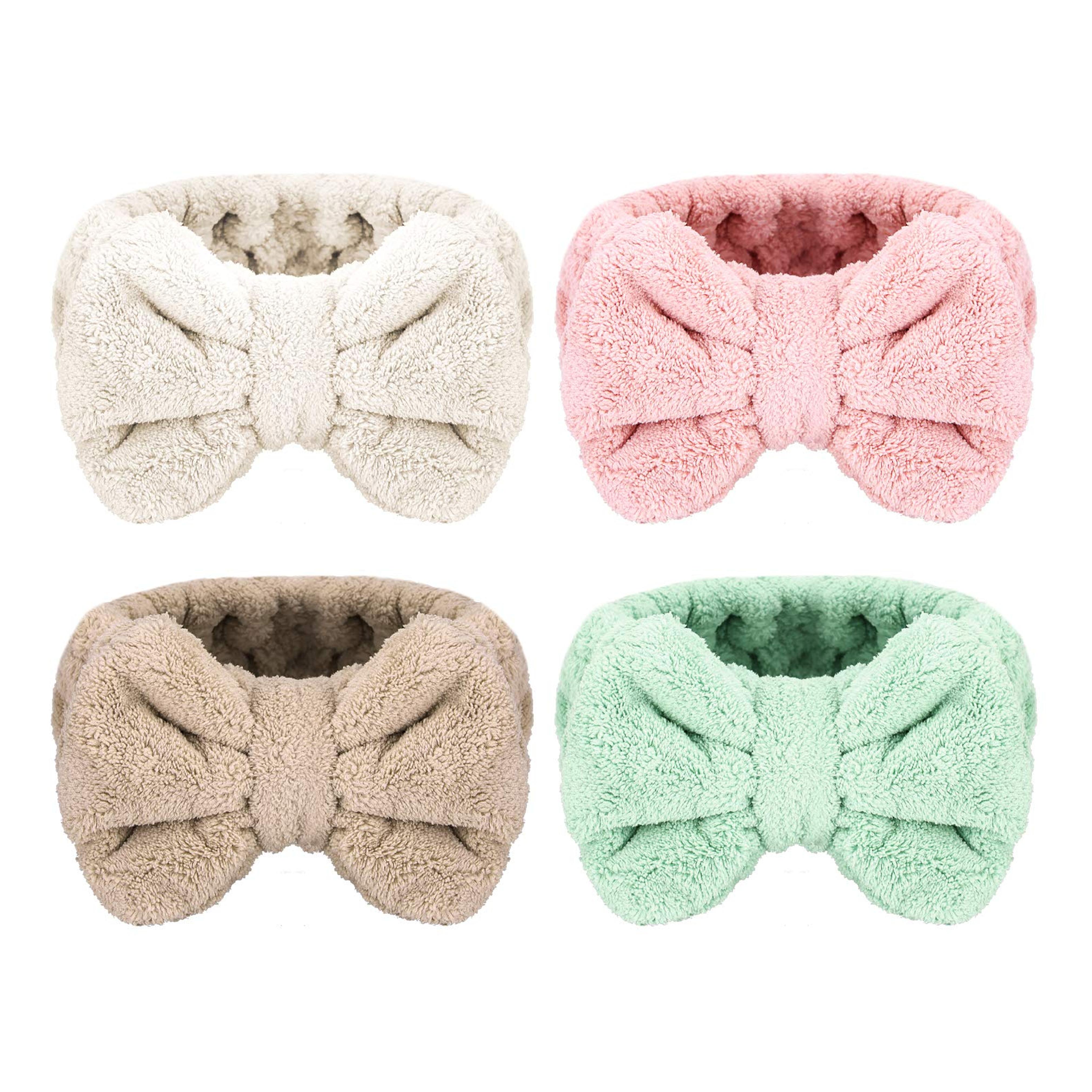 Senkary 4 Pack Bow Makeup Headband Microfiber Bowtie Headbands Towel Spa Headband Soft Bath Shower Headband for Washing Face (Light Pink, White, Green, Brown)