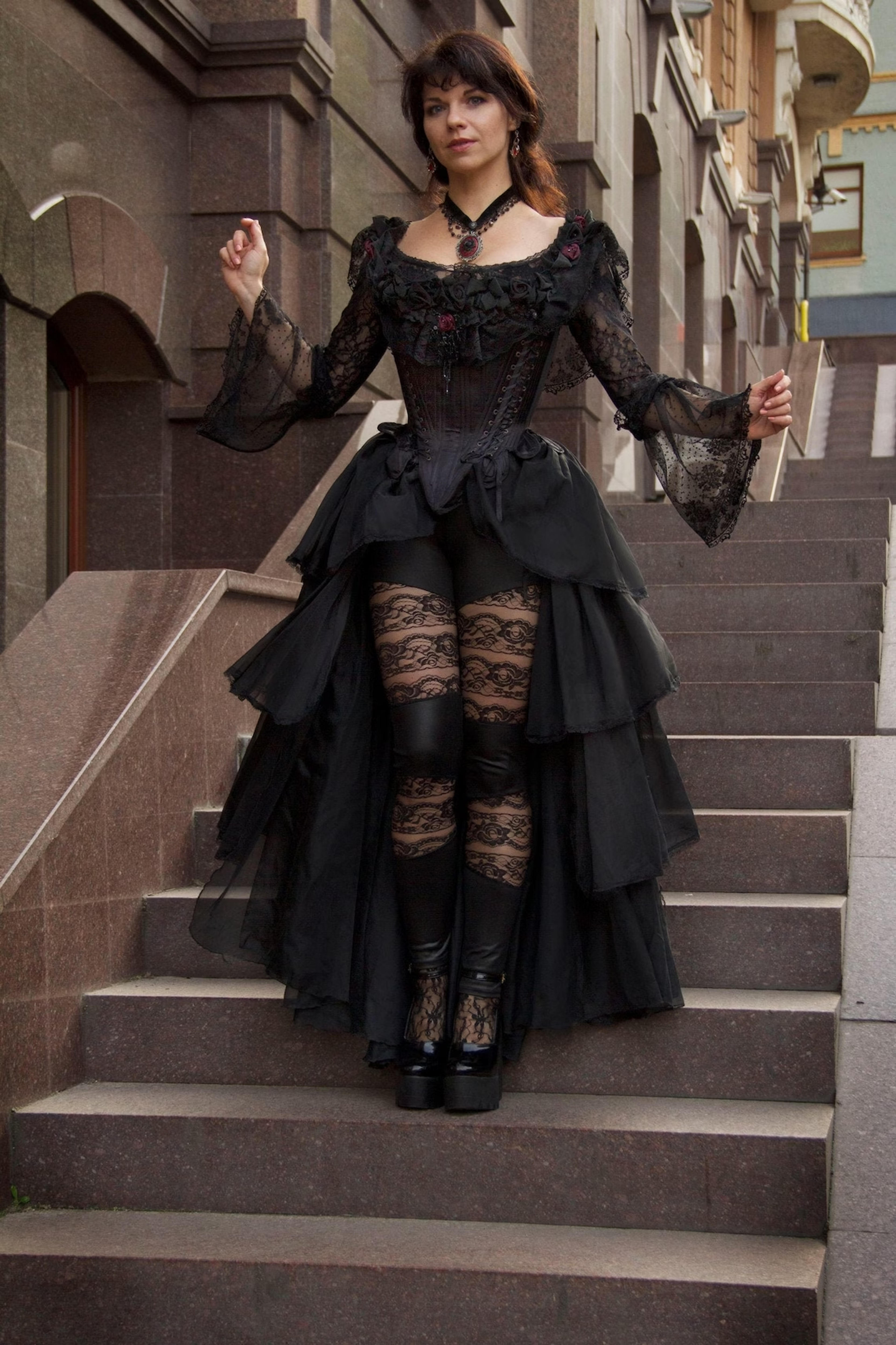 Black gothic wedding dress, Ruffle skirt, Tight lacing corset, Vampire ball gown, Alternative wedding