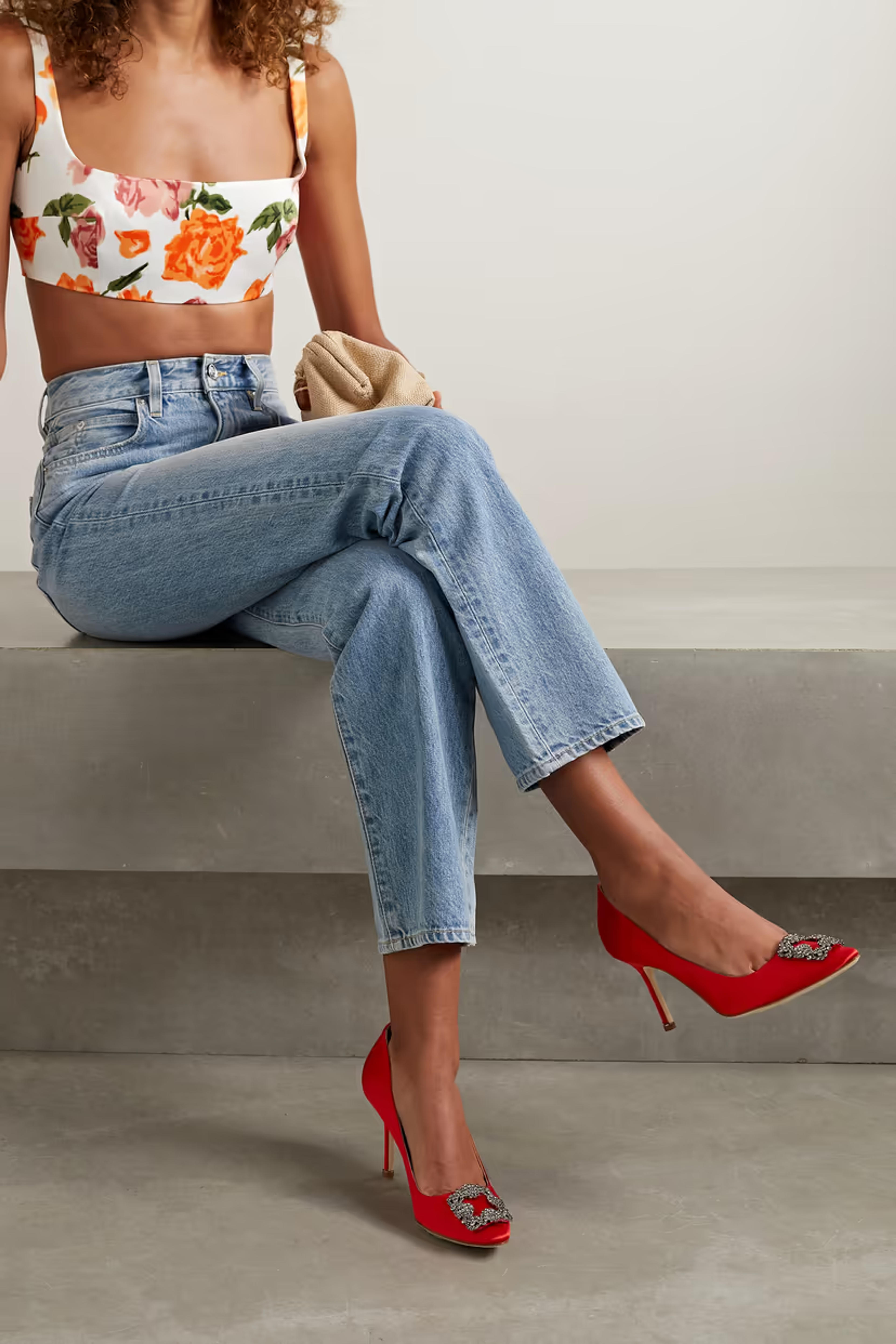 Red Hangisi 90 embellished satin pumps | MANOLO BLAHNIK | NET-A-PORTER