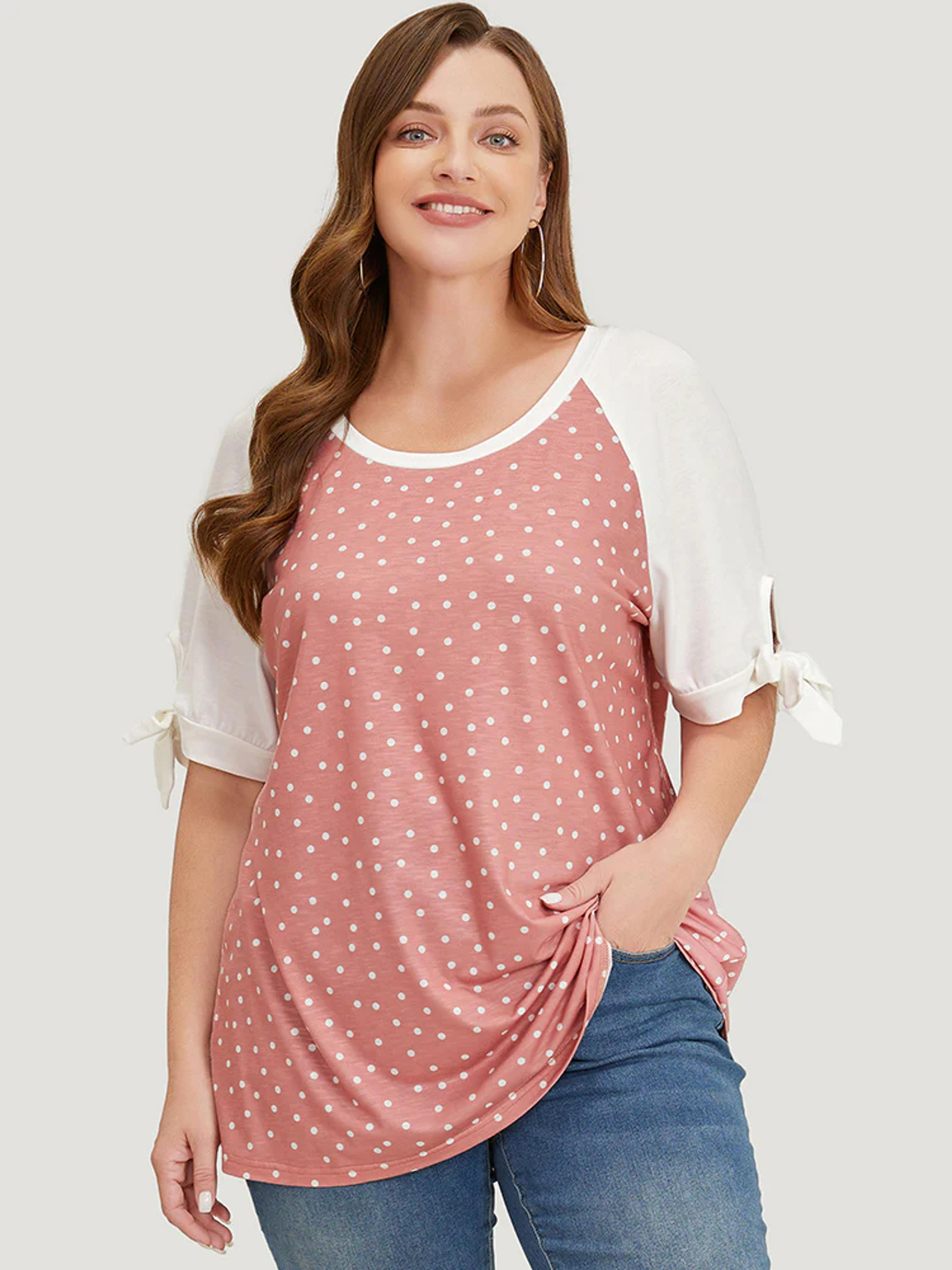 Polka Dot Patchwork Raglan Sleeve Cut Out Bowknot T-shirt - Crepe / 18-20/2X