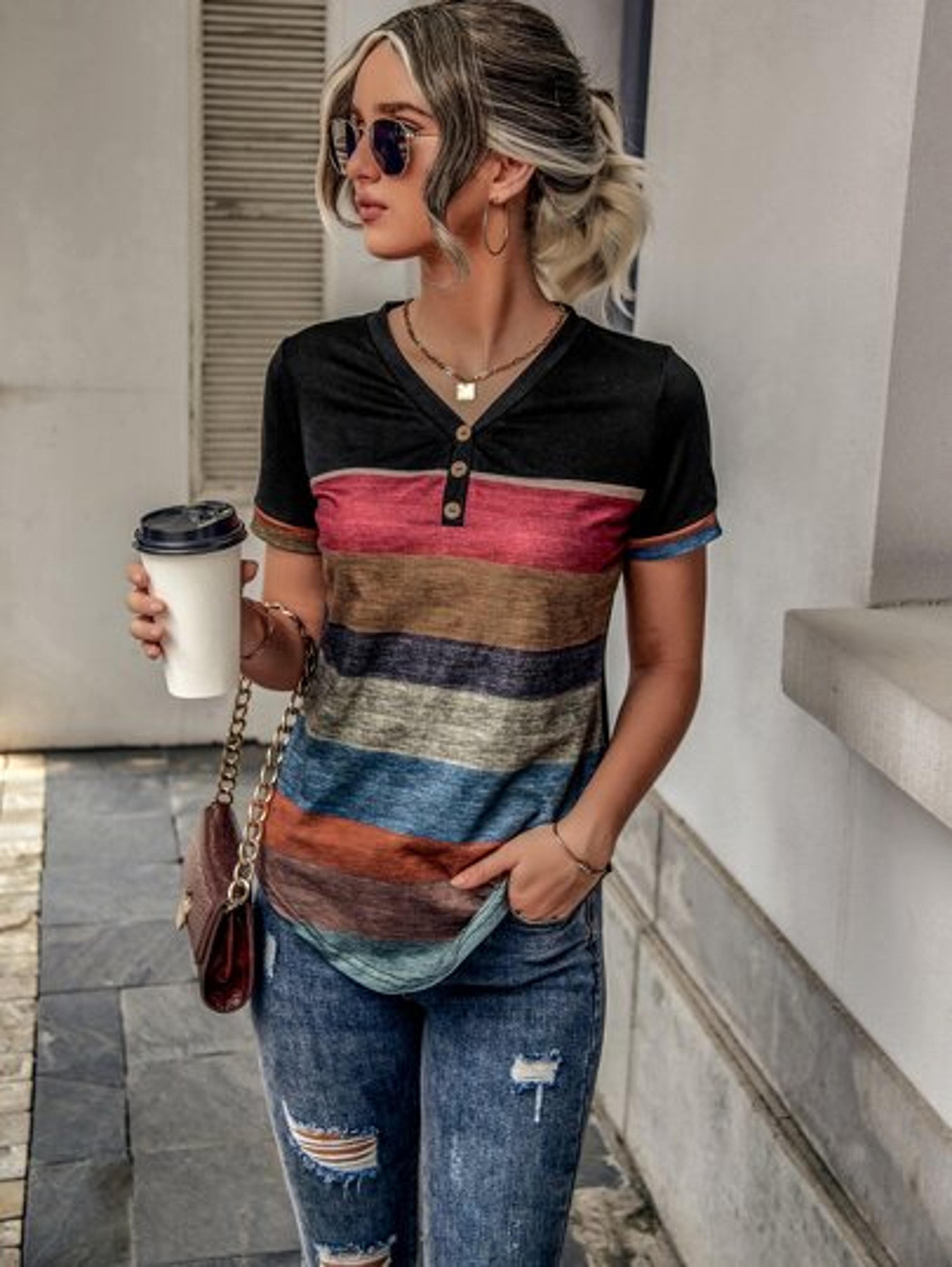 Stripe Button Front V Neck Tee | SHEIN USA