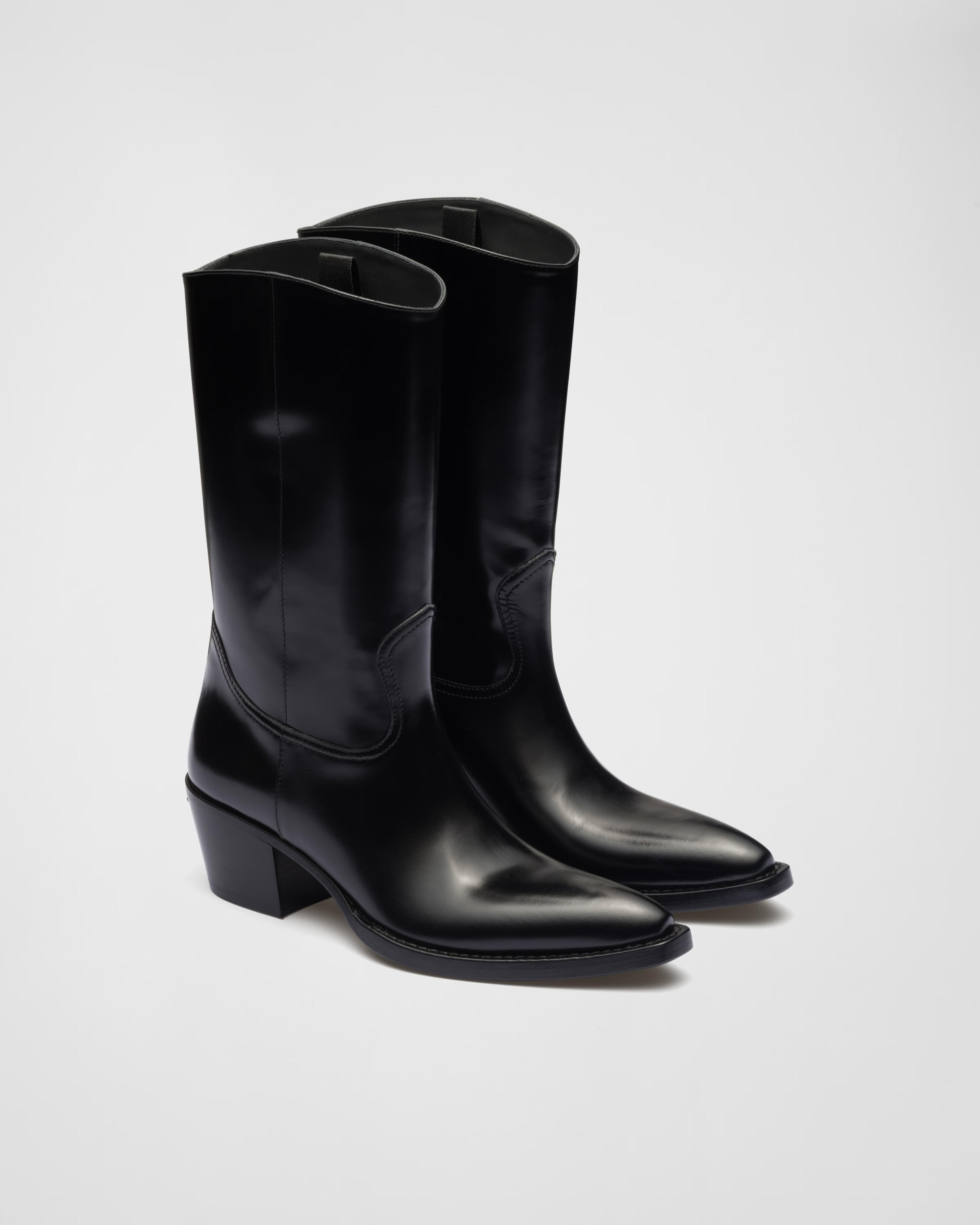 Black Brushed Leather Camperos Boots | PRADA
