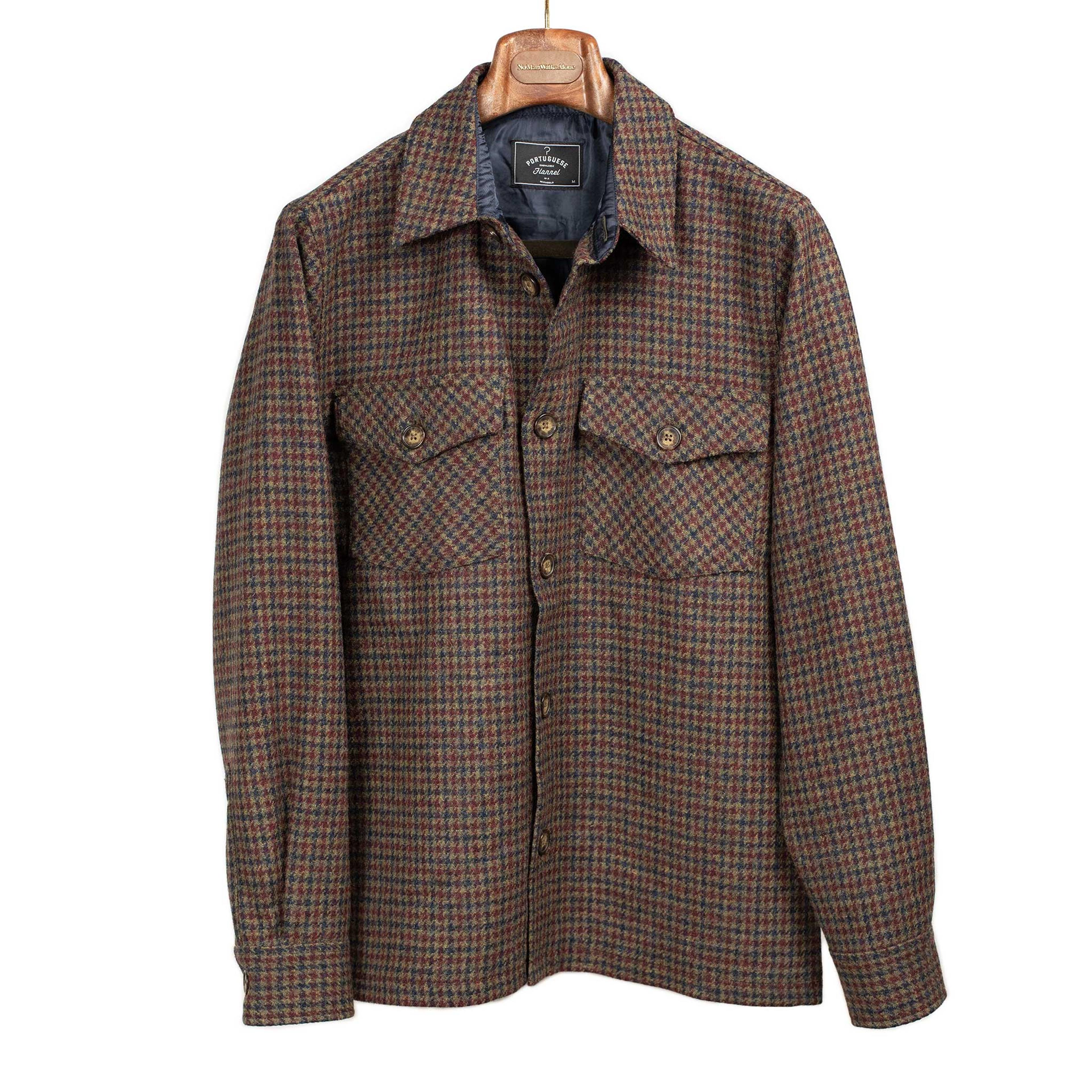 Portuguese Flannel Valle ocean overshirt in burgundy, blue houndstooth virgin wool – No Man Walks Alone