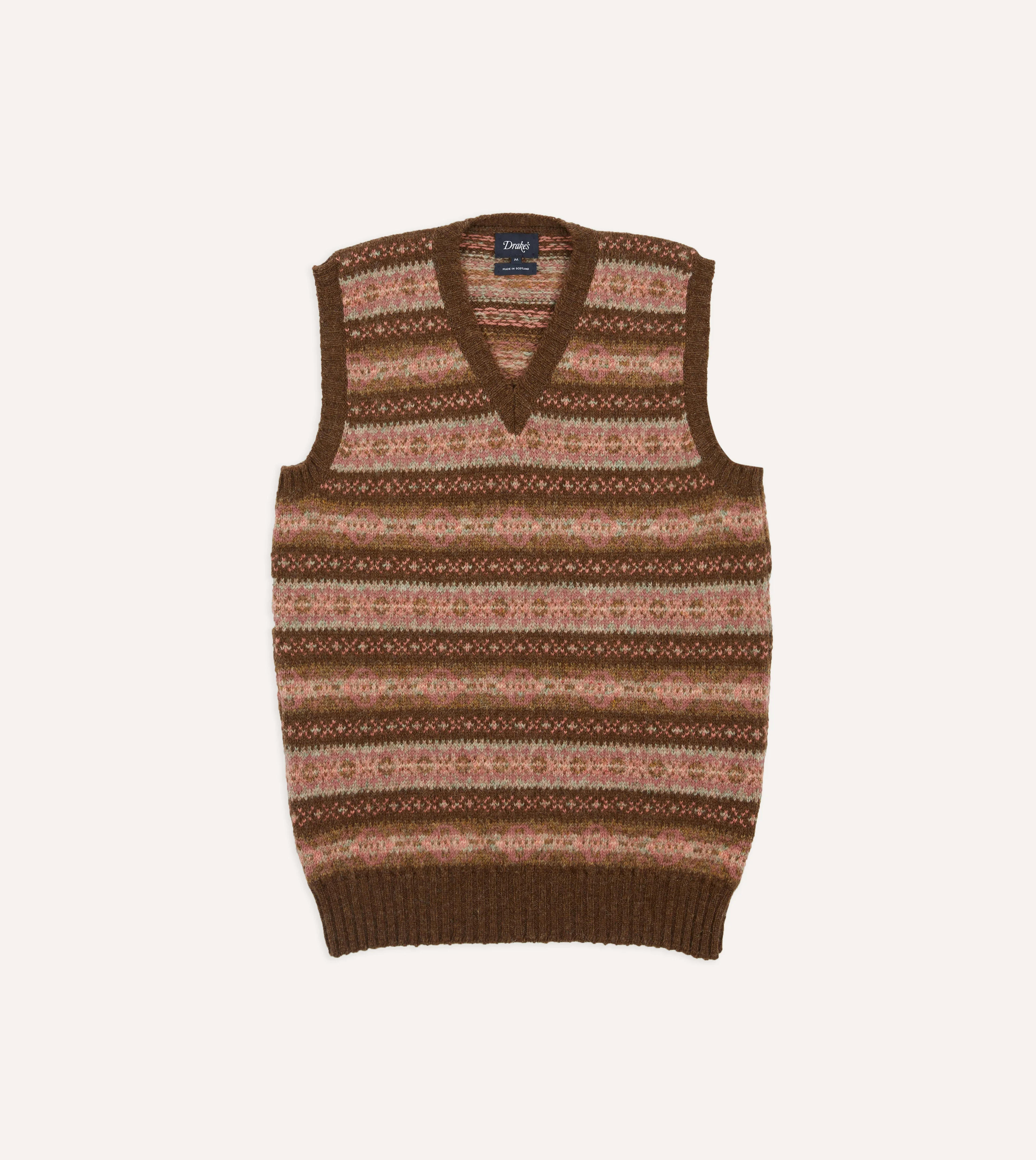 Brown Fair Isle Lambswool Sleeveless V-Neck Jumper – Drakes US