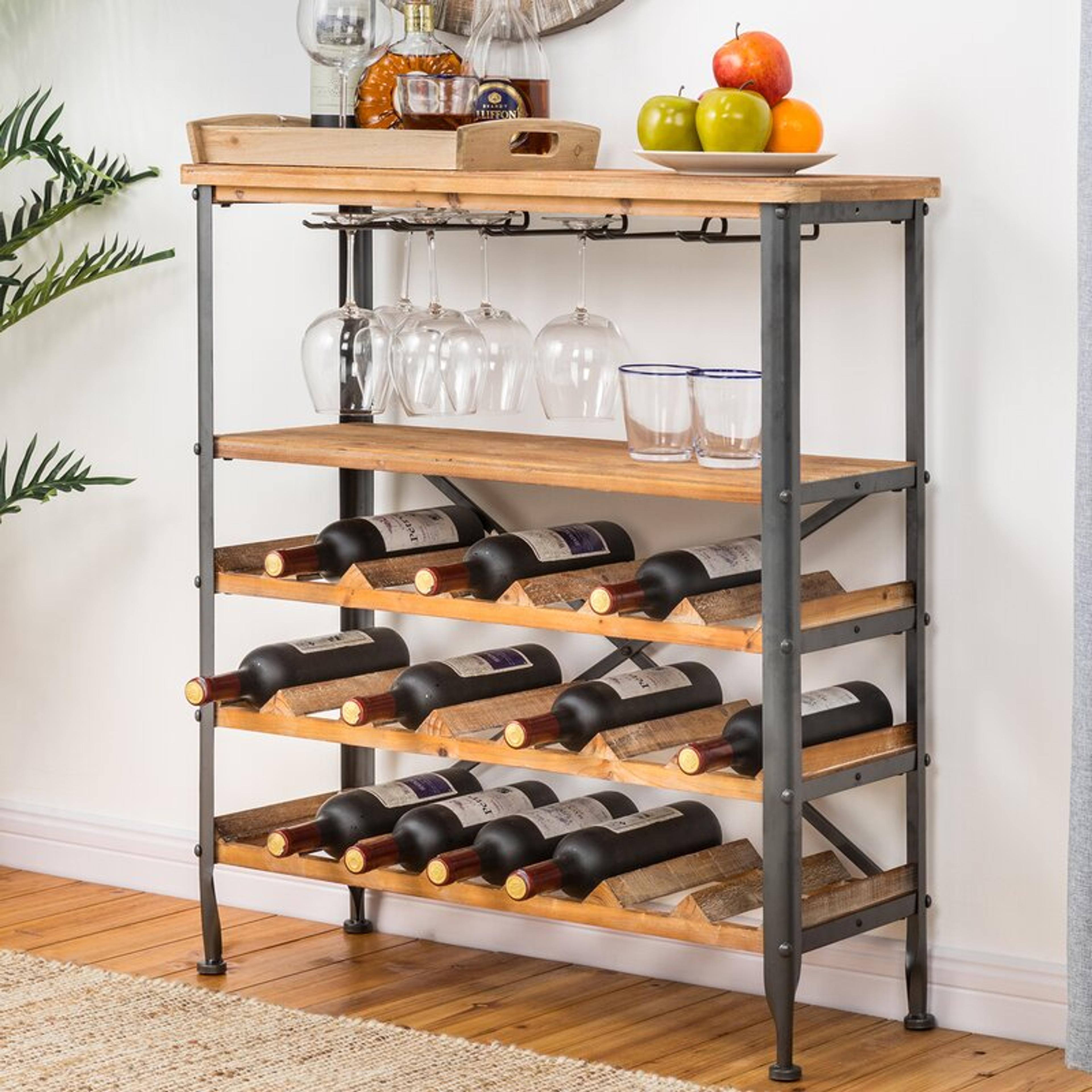 17 Stories Barling 21 Bottle Floor Wine Bottle & Glass Rack in Brown/Black & Reviews | Wayfair