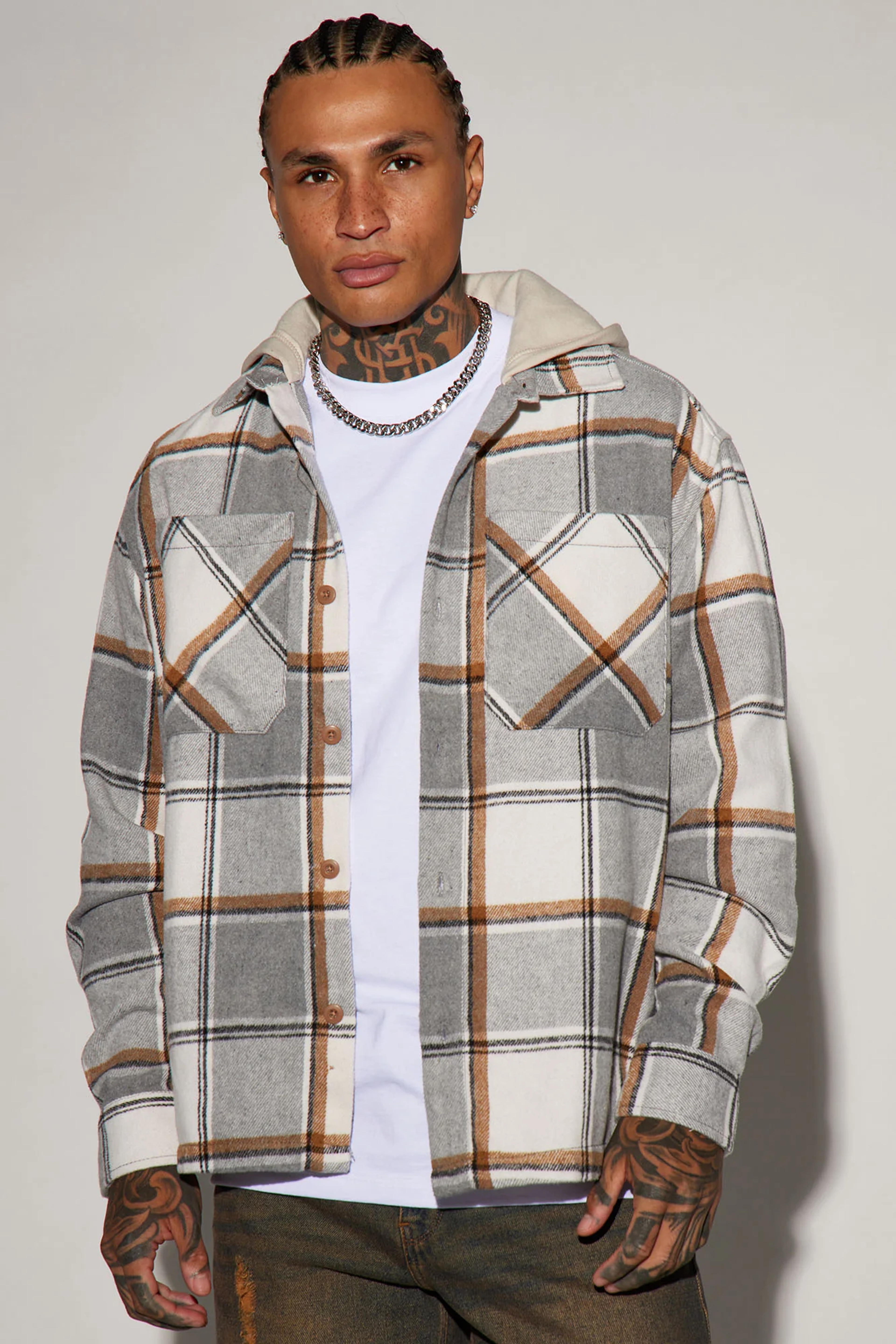 Take It Hooded Flannel Shacket - Grey/combo - M