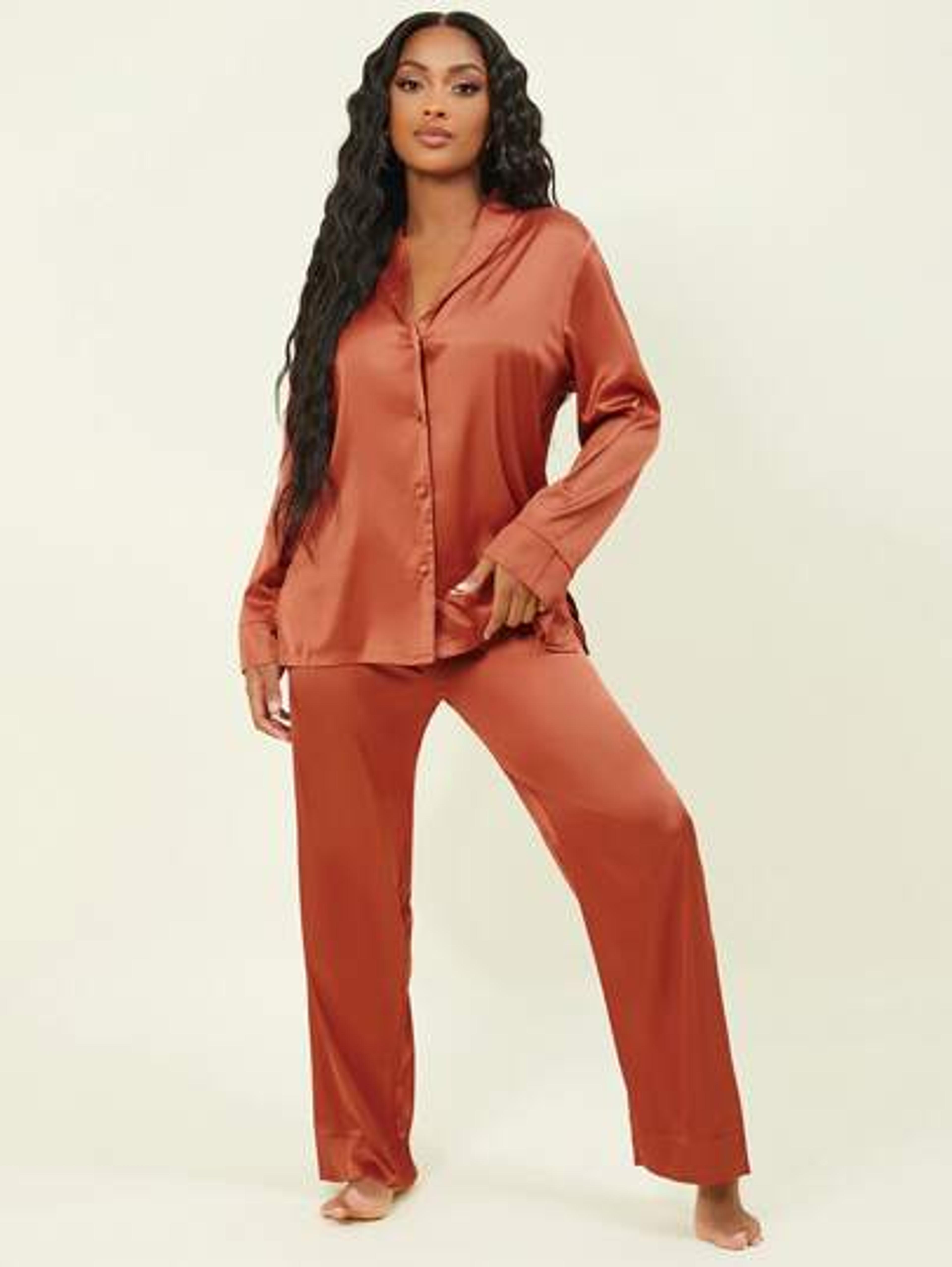 Shawl Collar Solid Satin PJ Set | SHEIN USA