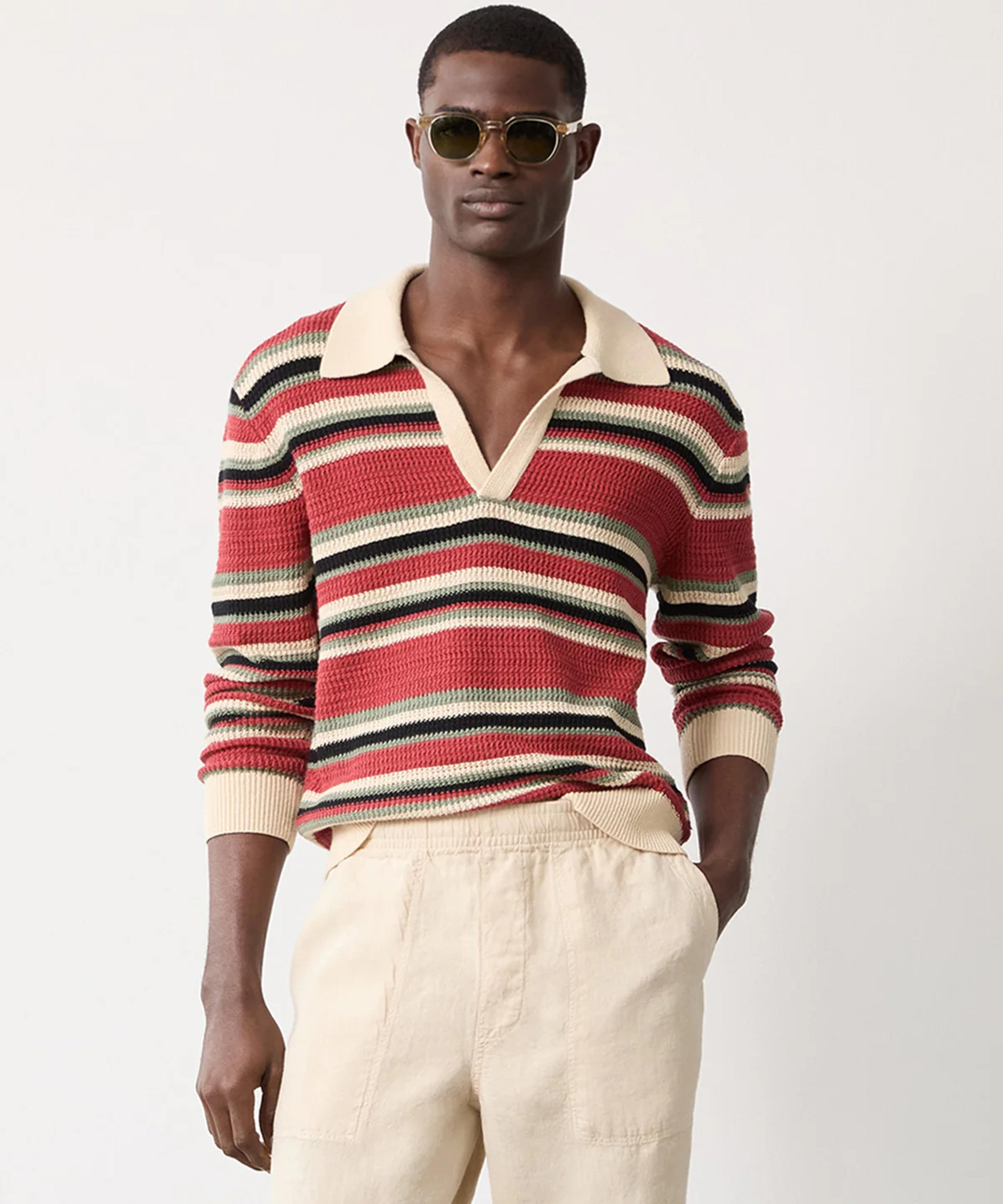 Long-Sleeve Stripe Montauk Polo in Barn Red