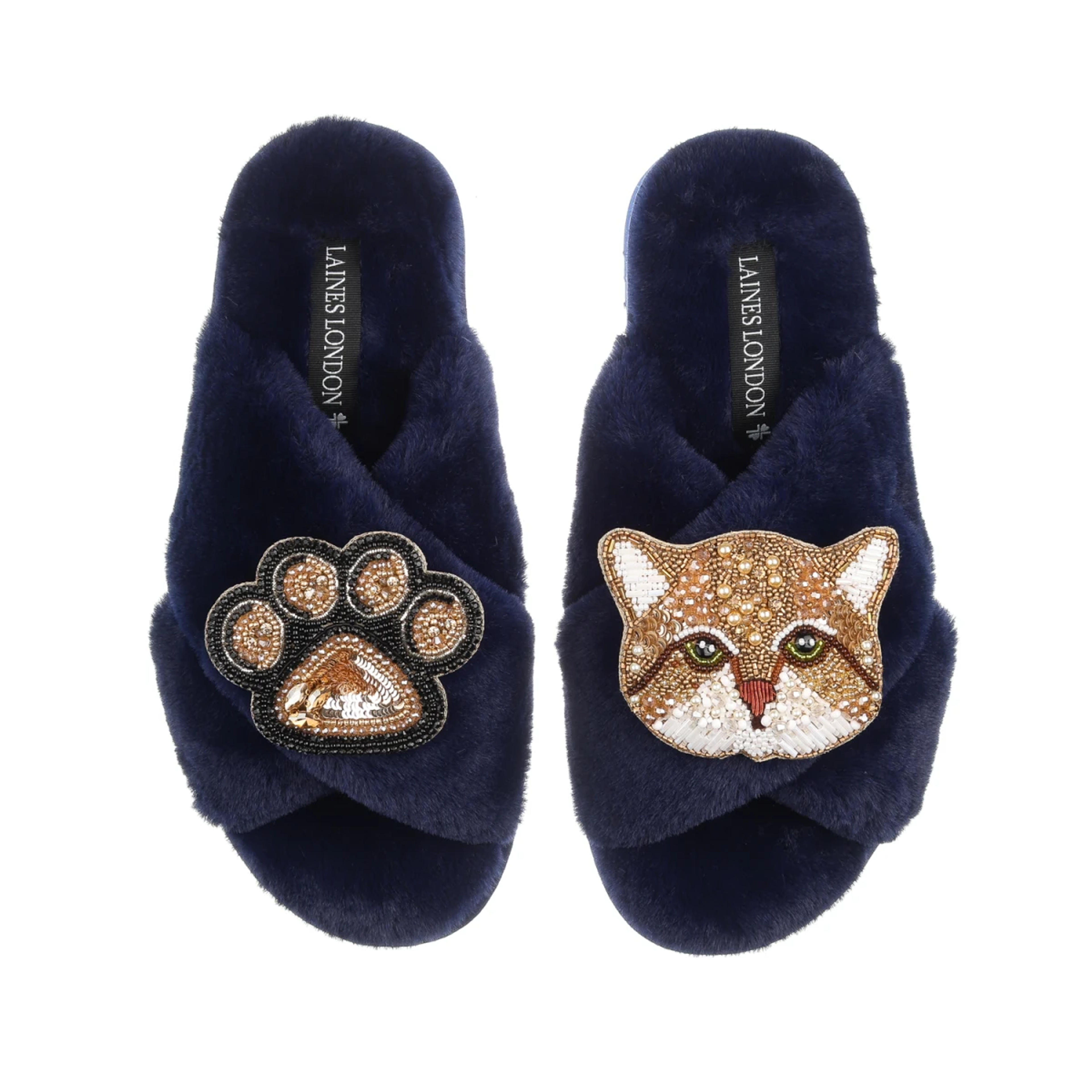 Classic Laines Slippers With Tom Cat & Paw Brooches - Navy | LAINES LONDON | Wolf & Badger