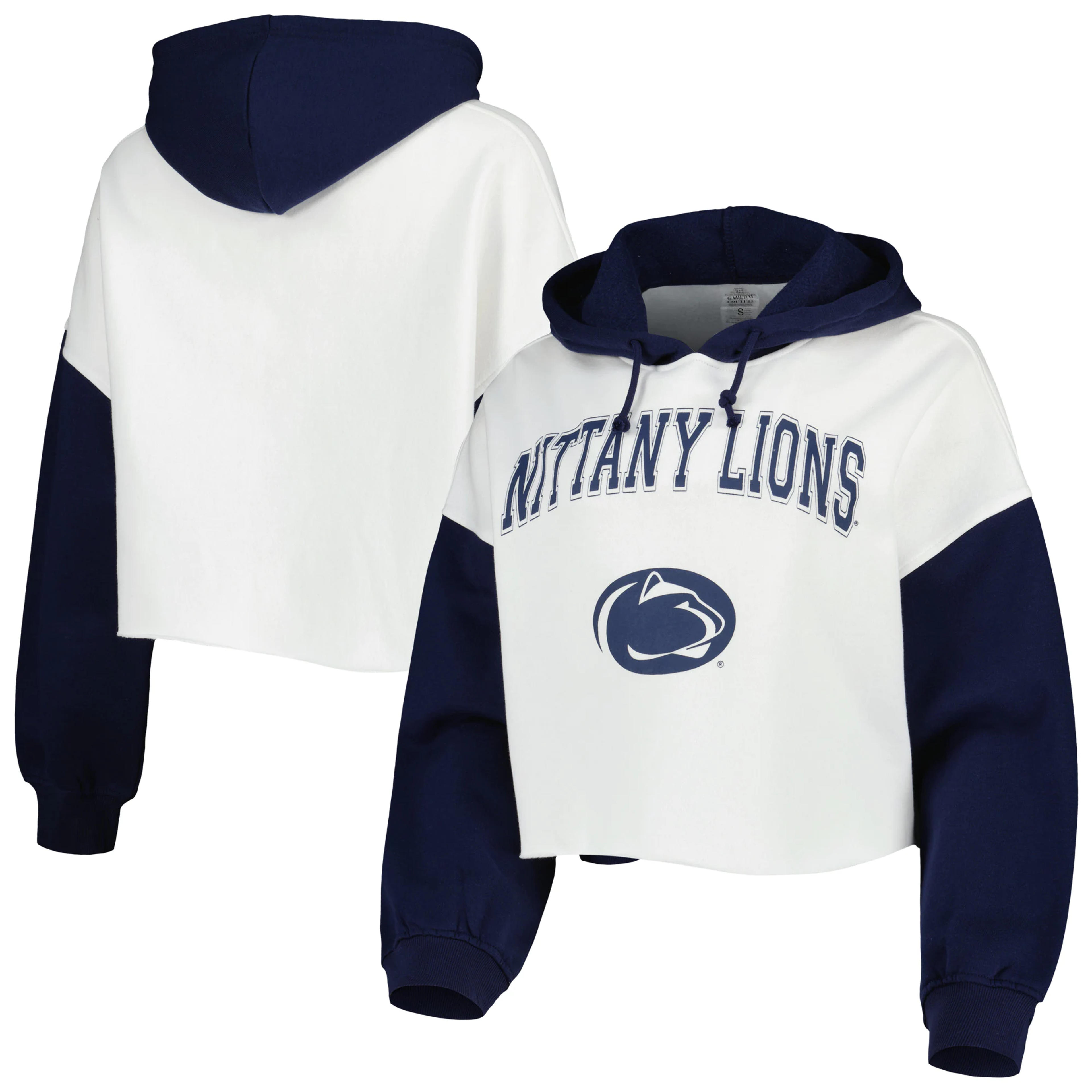Women's Gameday Couture White/Navy Penn State Nittany Lions Good Time Color Block Cropped Hoodie
