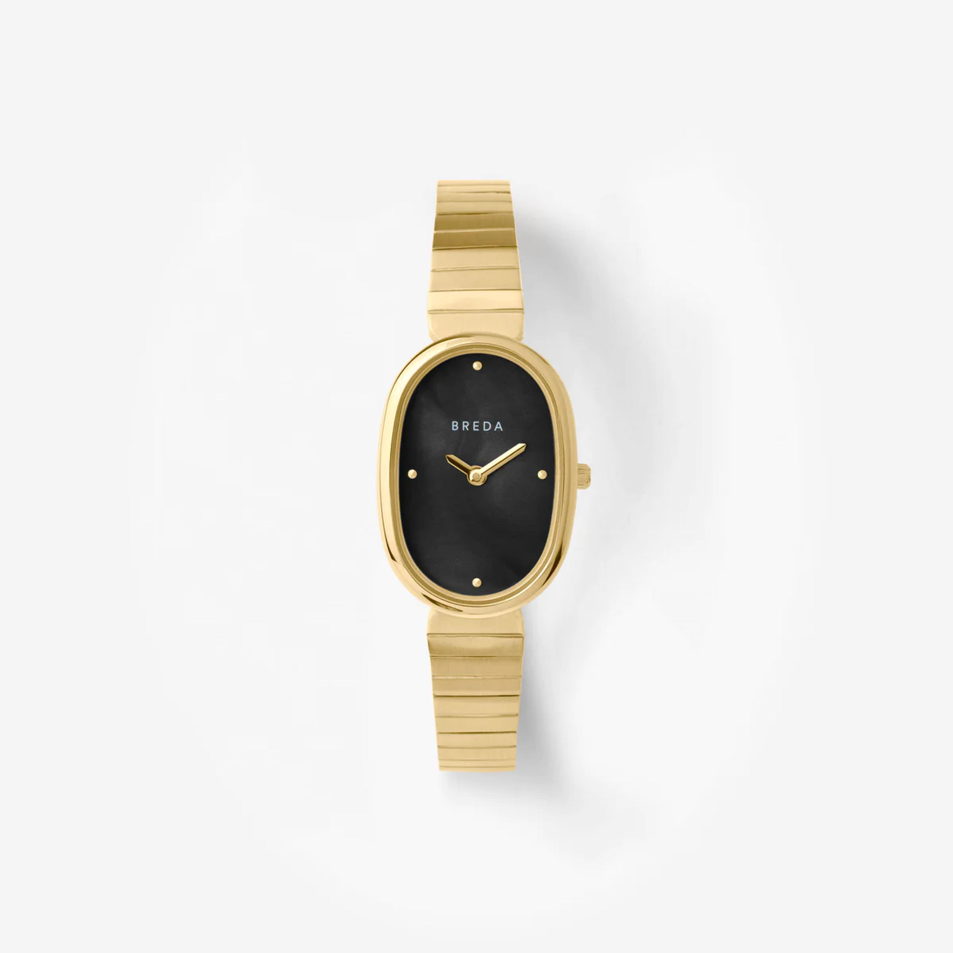 Jane | Metal Oval Watch | 23mm Oval Case | Midnight Black Mother Of Pearl Dial & Gold-Plated Stainless Steel Bracelet | BREDA Watch