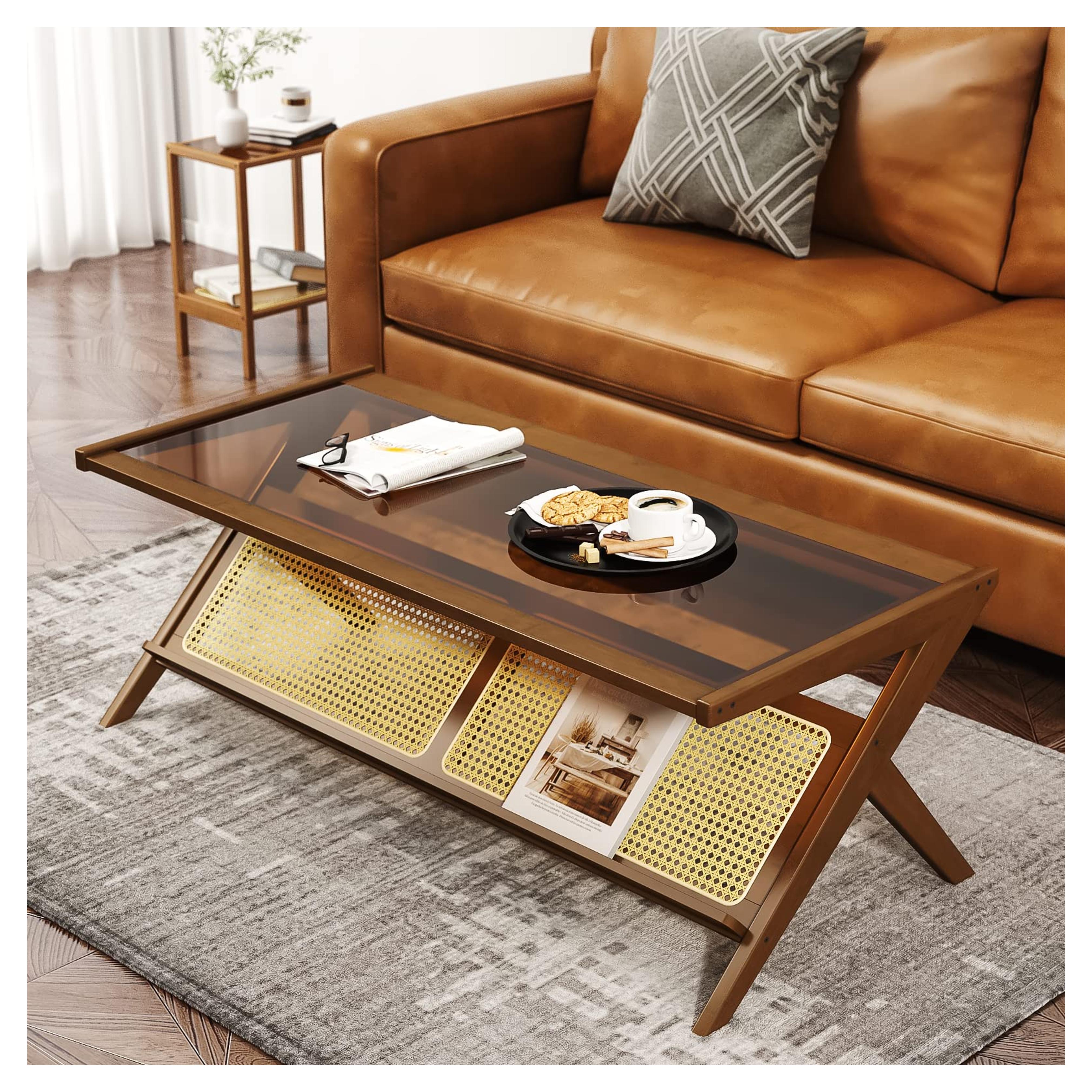 Bamworld Mid-Century Modern Coffee Table with Glass Top Rattan Coffee Table with Storage for Living Room Table Brown