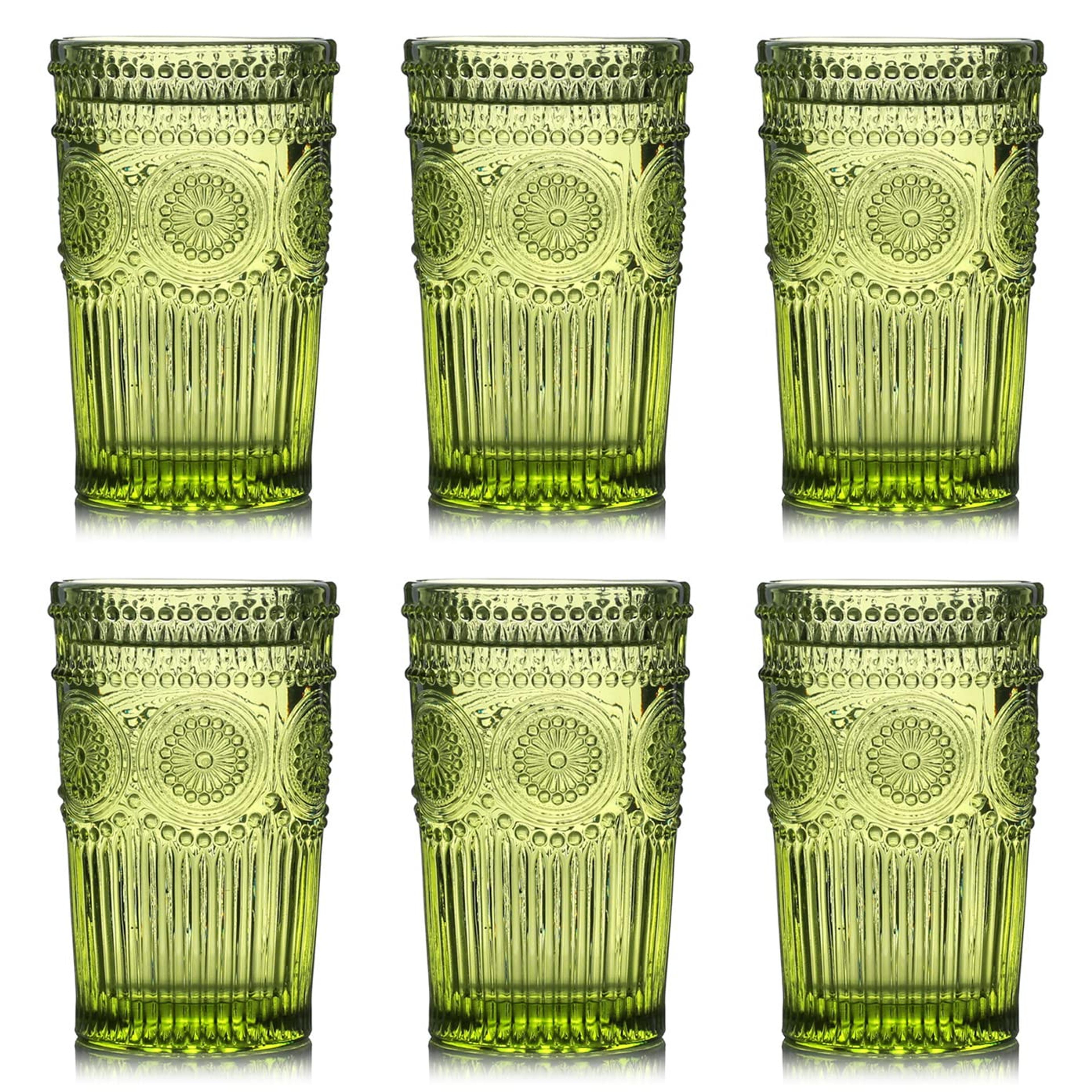 Kingrol 6 Pack 12 oz Vintage Drinking Glasses, Embossed Romantic Water Glassware, Glass Tumbler Set for Juice, Beverages, Beer, Cocktail (Green)