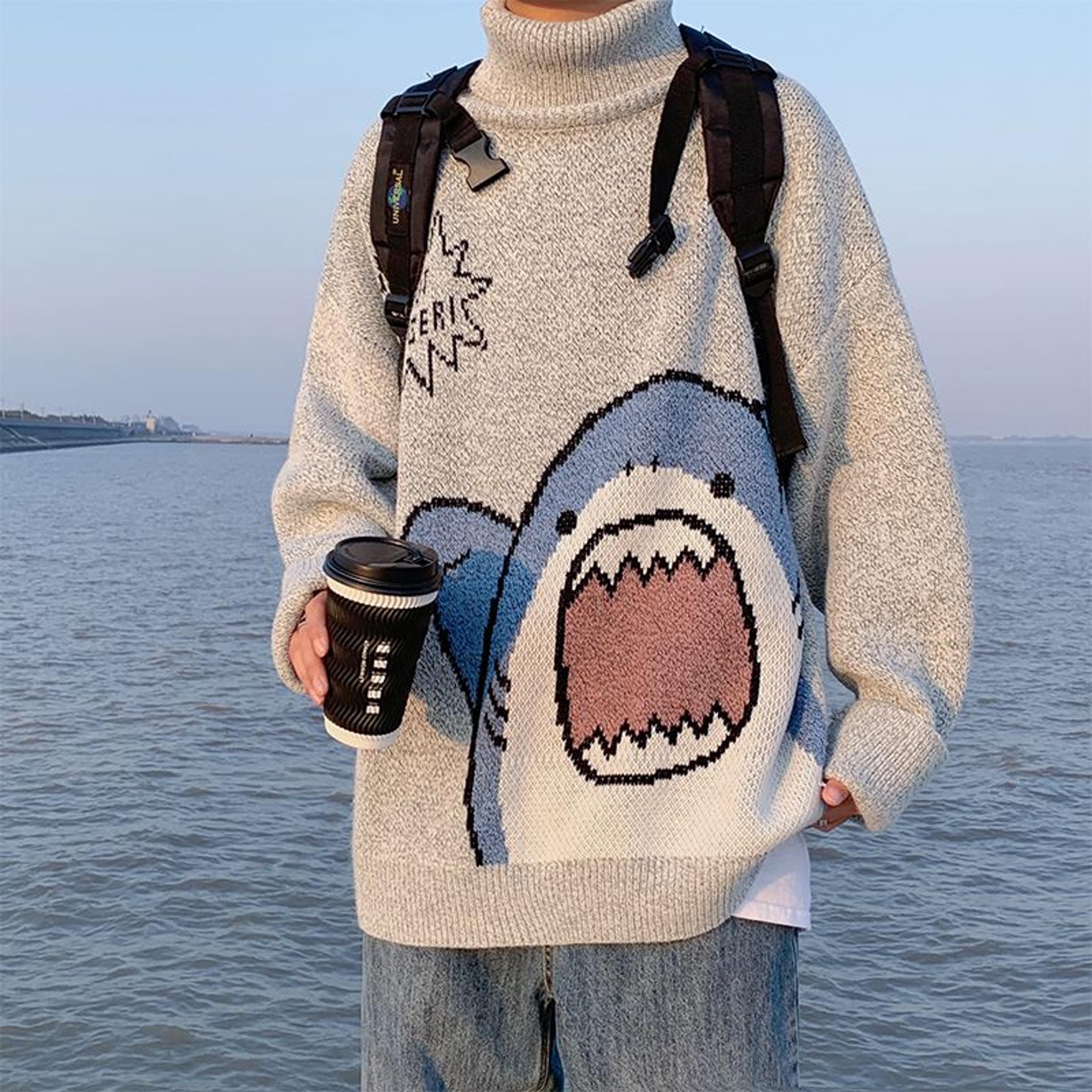 y2kaesthetic turtlenecks shark sweater men 2020 winter patchwor harajuku korean style high neck oversized grey turtleneck for men clothes - 1, xxl