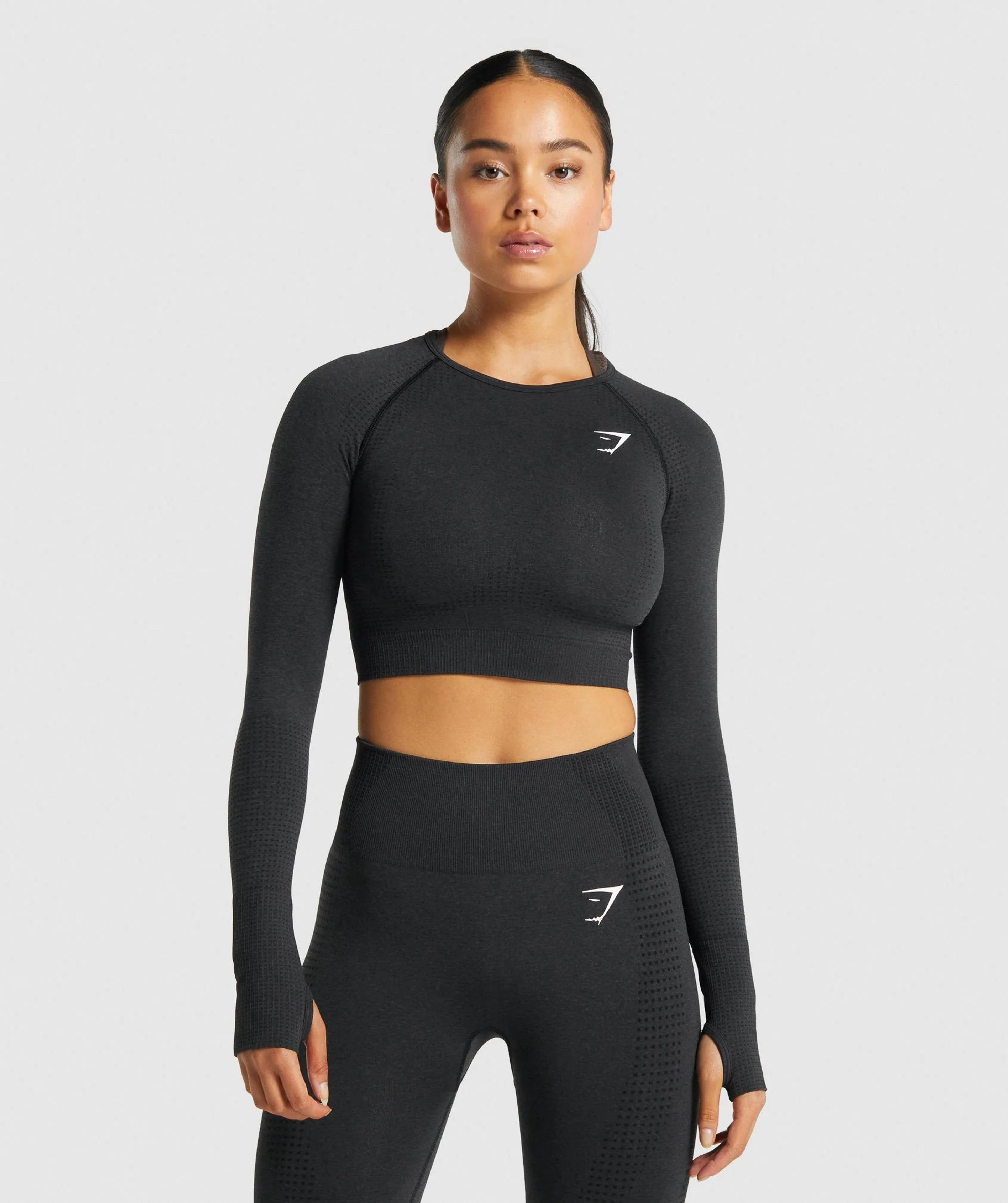 Gymshark Vital Seamless 2.0 Long Sleeve Crop Top - Black Marl - Small