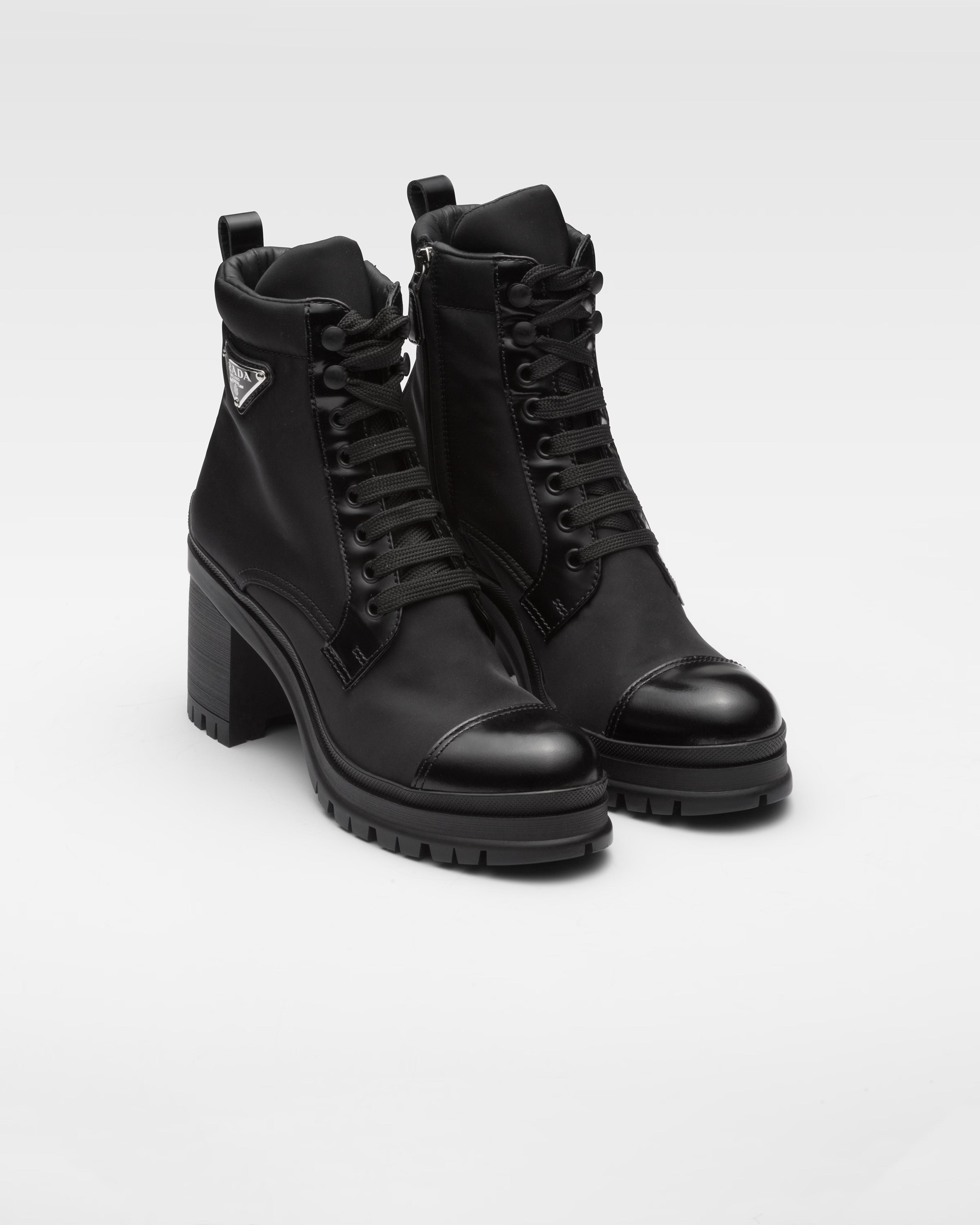 Black Brushed Leather And Nylon Laced Booties | PRADA