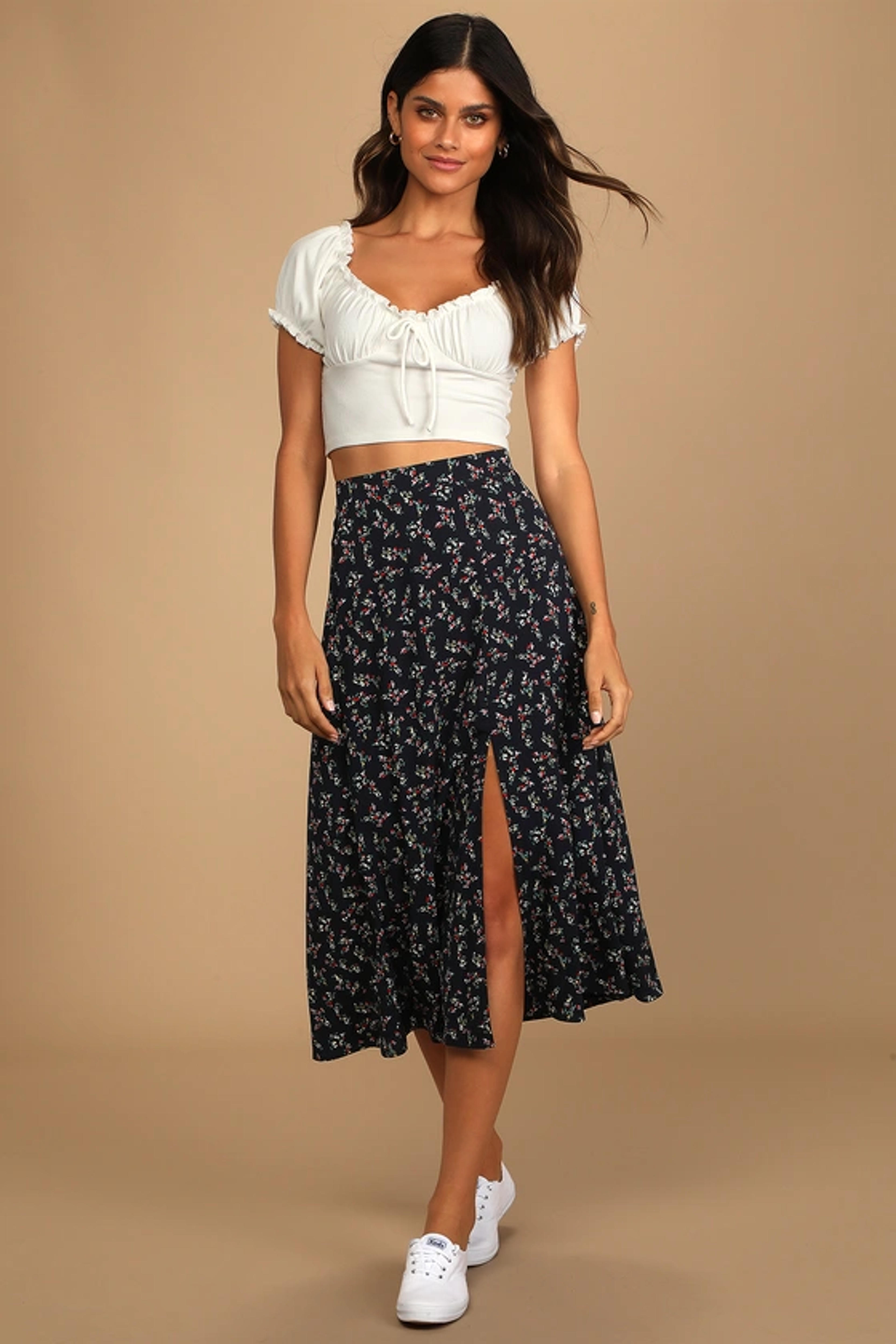 Navy Blue Floral Print Skirt - Red Midi Skirt - A-Line Midi Skirt - Lulus