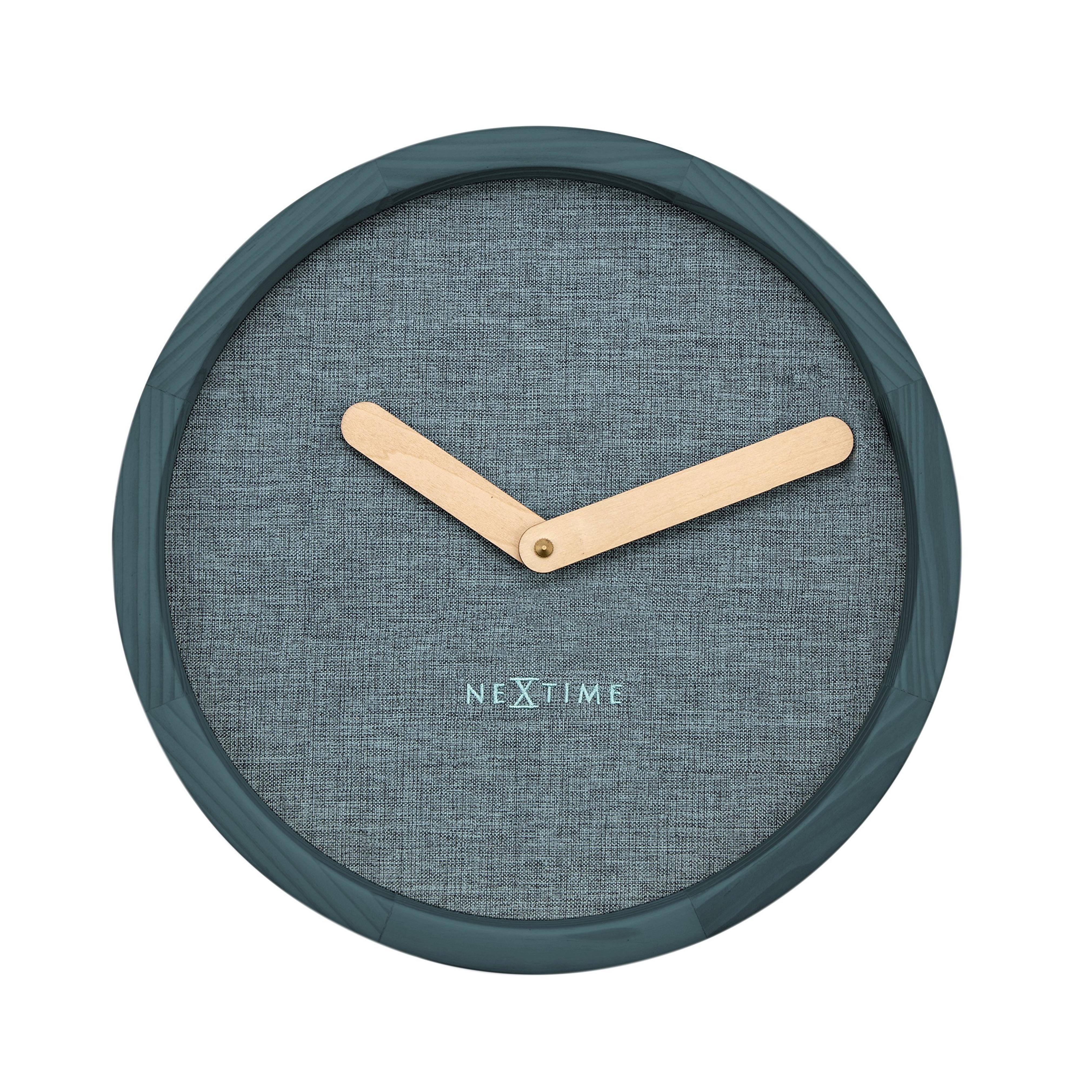 Unek Goods NeXtime Calm Wall Clock, Natural Wood Frame and Hands, Soft Turquoise Fabric Face, Battery Operated, Round