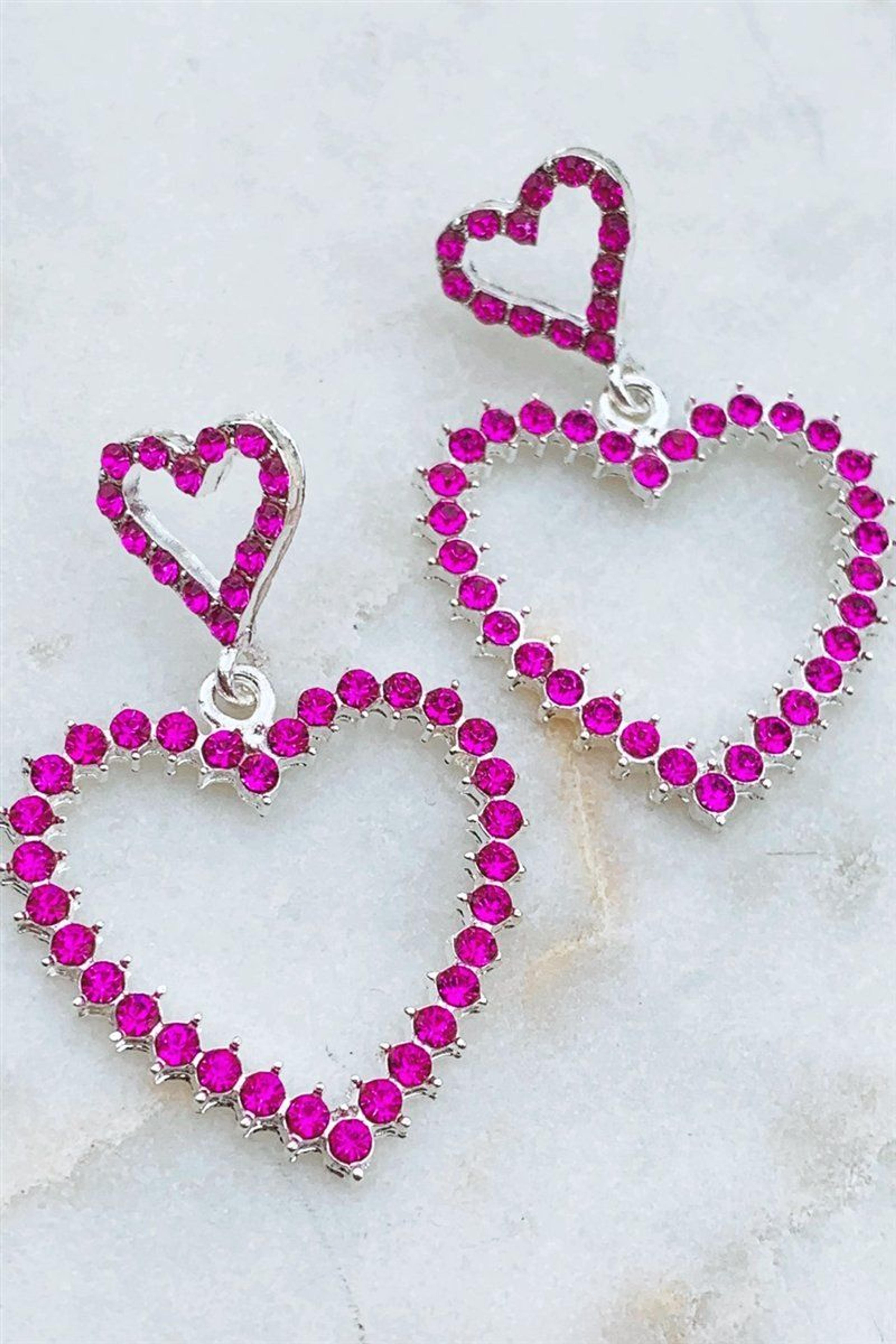 Rhinestone Heart Statement Earrings - PINK & SILVER