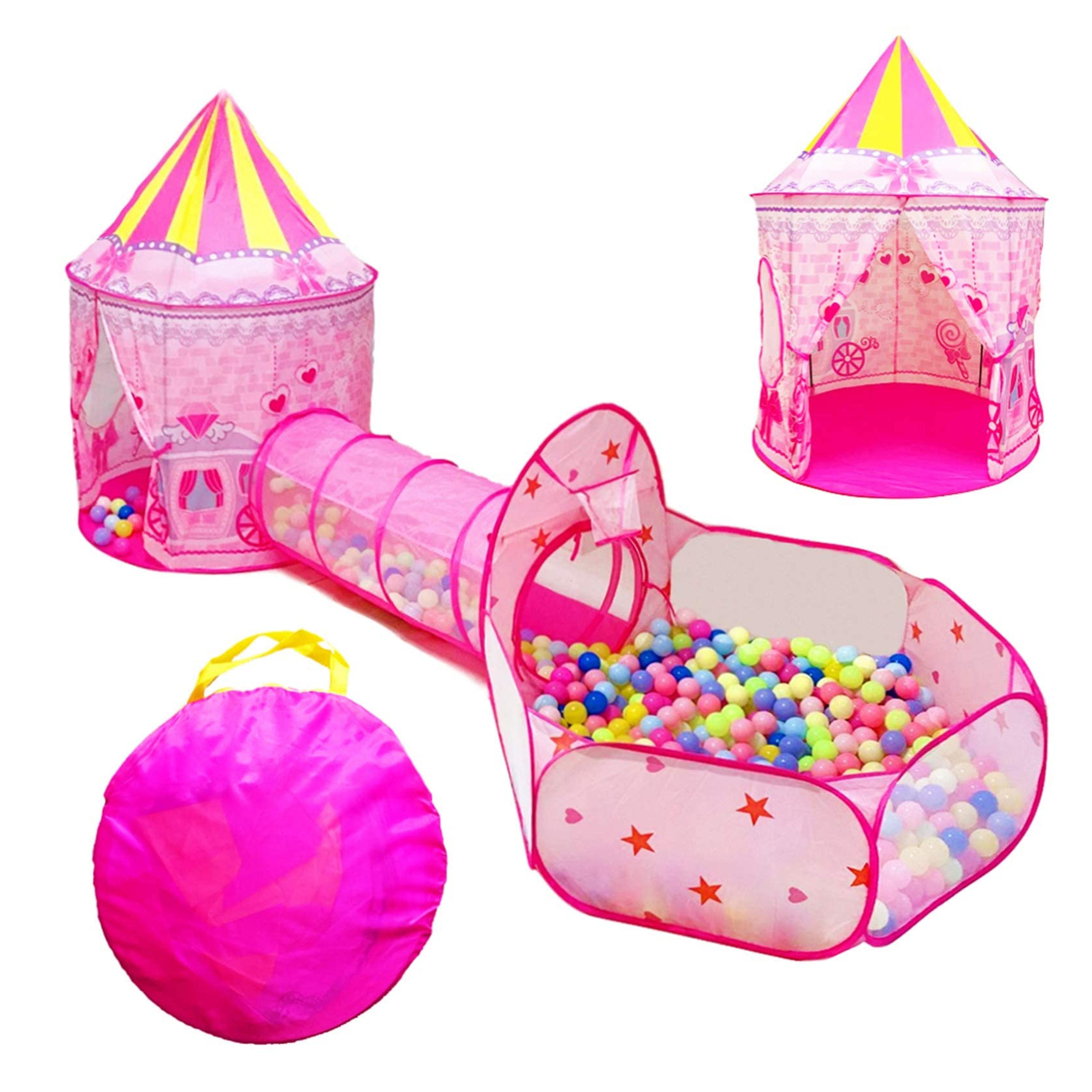 LOJETON 3pc Girls Princess Fairy Tale Castle Play Tent, Crawl Tunnel & Ball Pit with Basketball Hoop for Kids Toddlers, Indoor & Outdoor Playhouse (Pink), Oval Tunnel