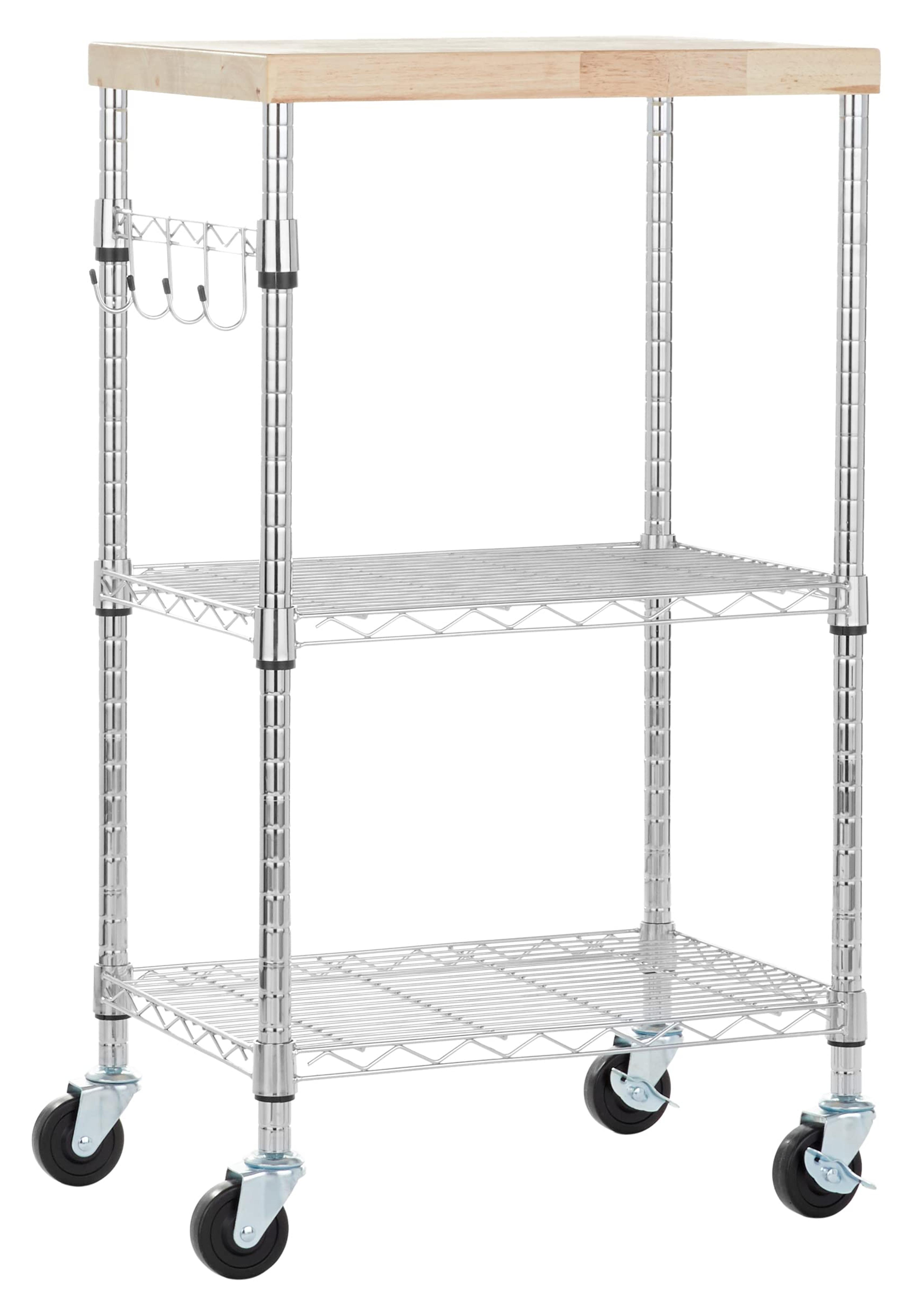 Amazon Basics Kitchen Storage Microwave Rack Cart on Caster Wheels with Adjustable Shelves, 175 Pound Capacity, 15 x 21 x 36.7 inches, Wood/Chrome