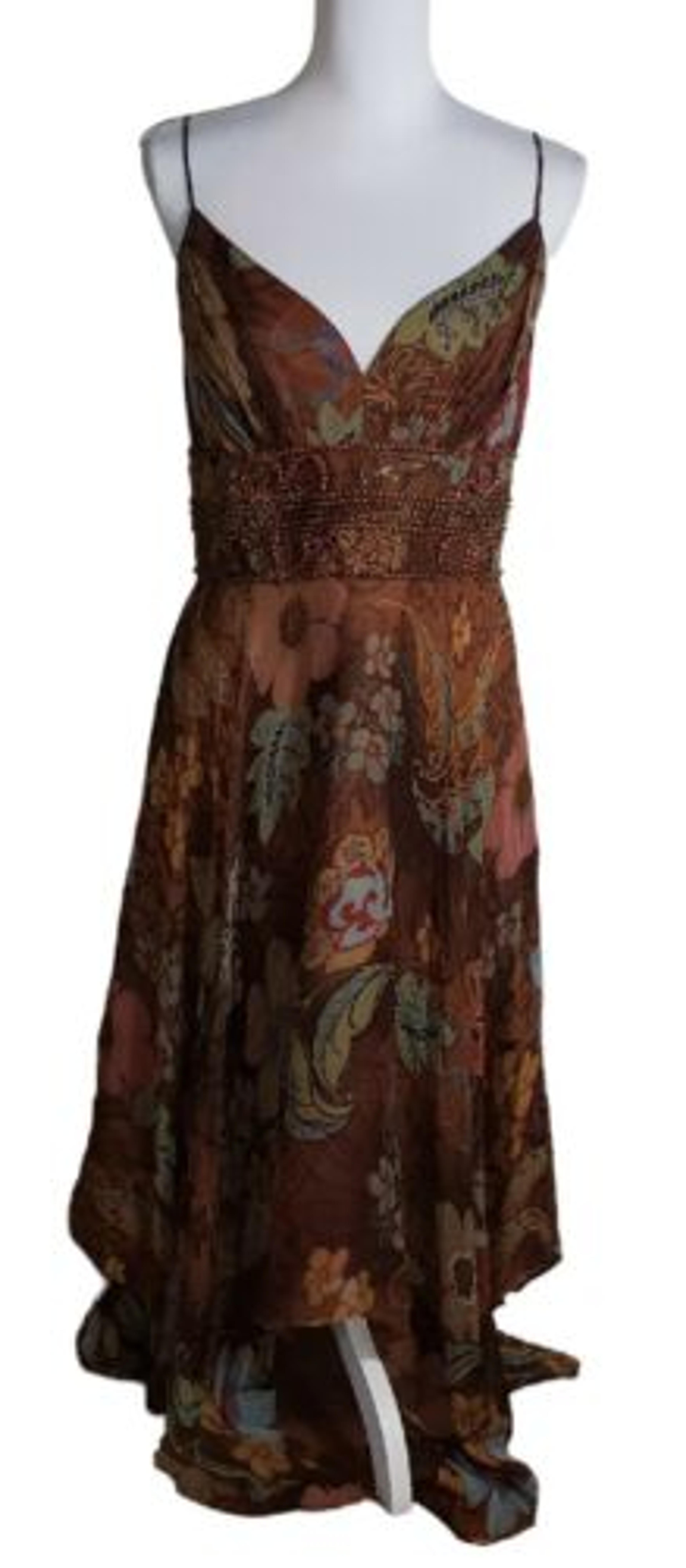 JS Collections Brown Floral 100% Silk Dress Size 16 Hankerchief Hem Beaded Boho