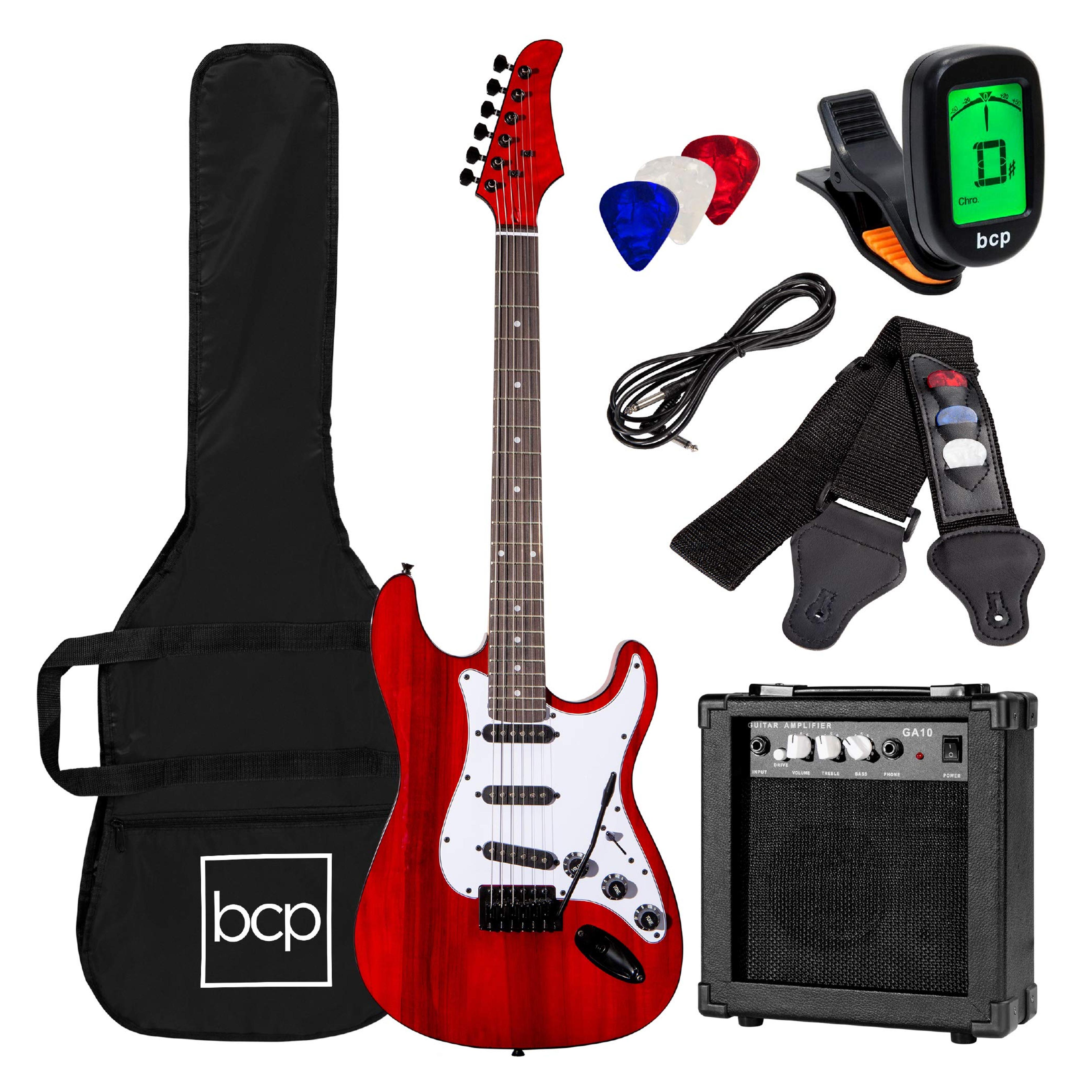 Best Choice Products 39in Full Size Beginner Electric Guitar Starter Kit w/Case, Strap, 10W Amp, Strings, Pick, Tremolo Bar - Cherry Red